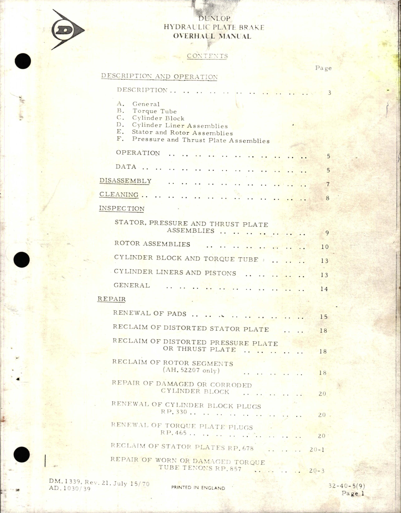Sample page 1 from AirCorps Library document: Overhaul for Hydraulic Plate Brake