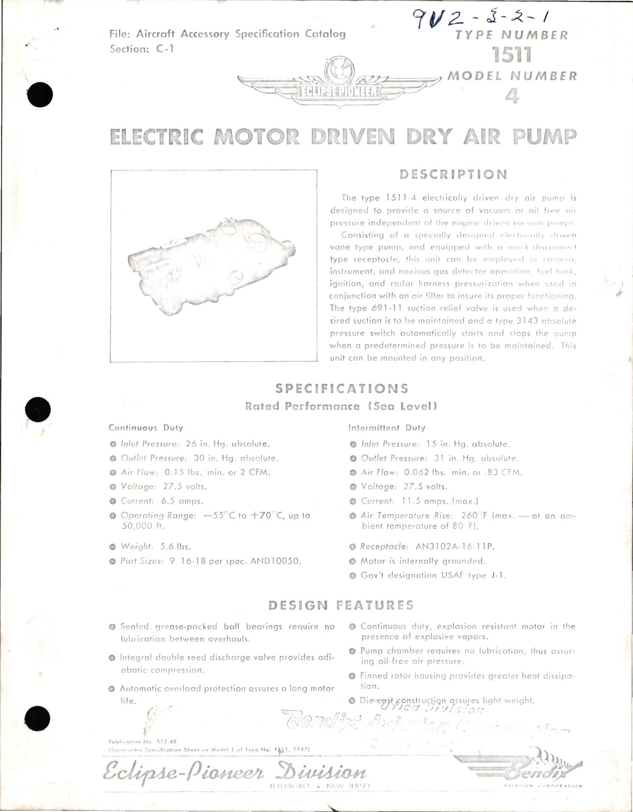 Sample page 1 from AirCorps Library document: Specifications with Parts List for Electric Motor Driven Dry Air Pump - Type 1511 - Model 4
