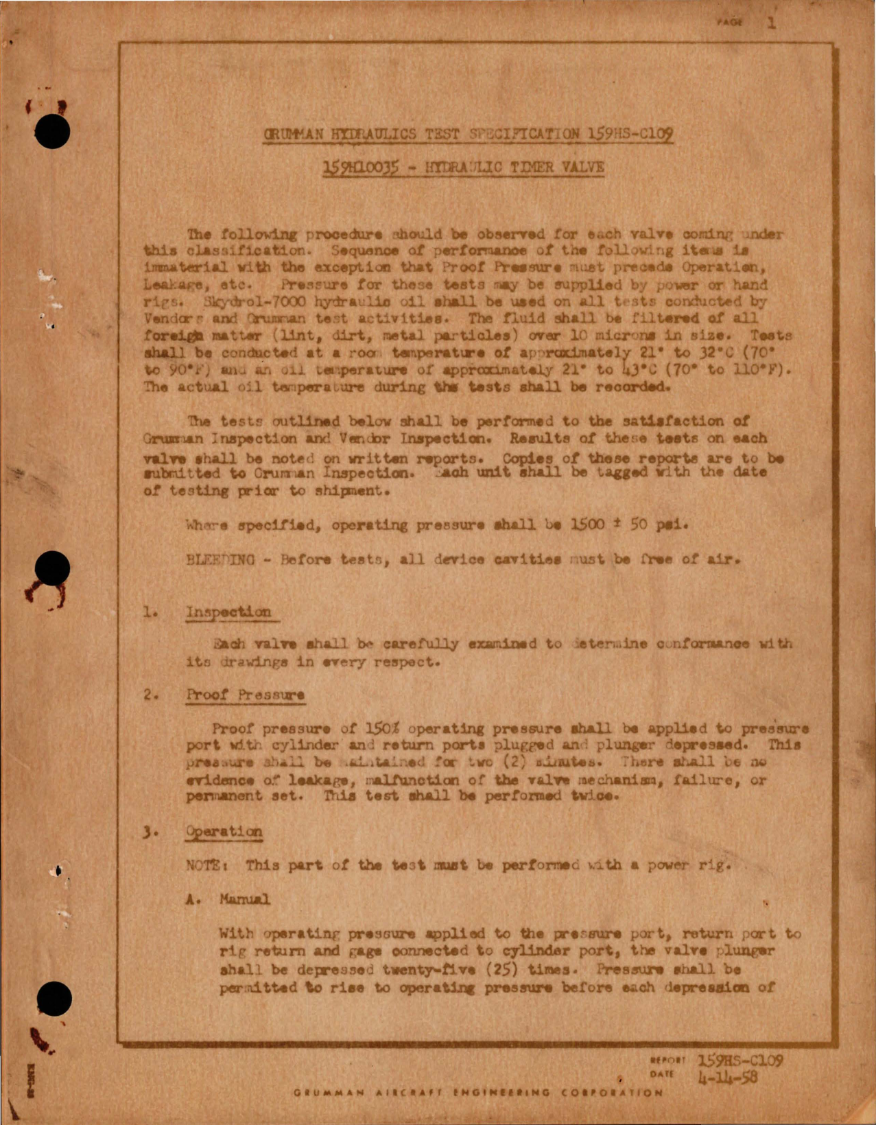 Sample page 1 from AirCorps Library document: Test Specification for Hydraulic Timer Valve - 159H10035 