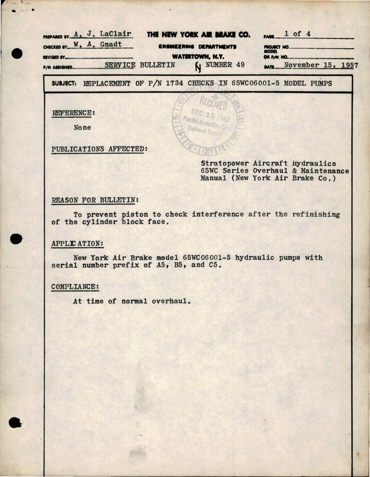 Sample page 1 from AirCorps Library document: Replacement of Part 1734 Checks in 65WC06001-5 Model Pumps 