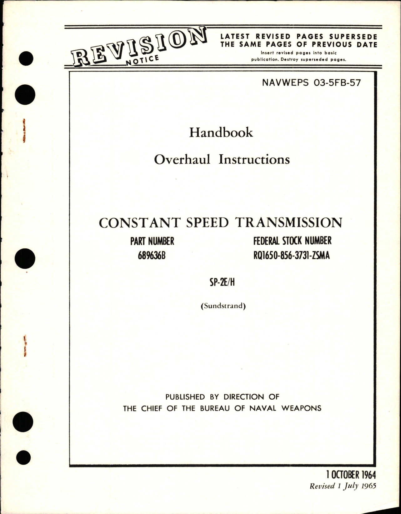 Sample page 1 from AirCorps Library document: Overhaul Instructions for Constant Speed Transmission - Part 689636B - SP-2E/H