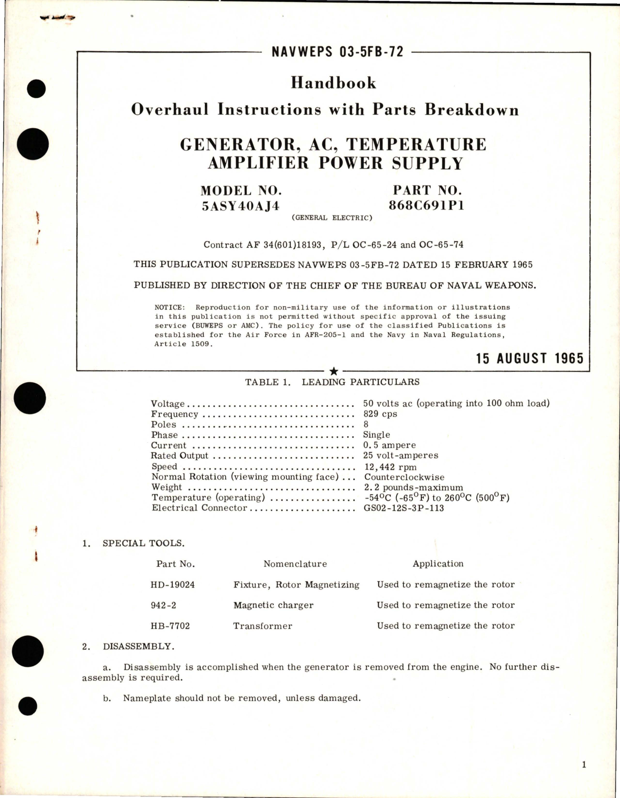 Sample page 1 from AirCorps Library document: Overhaul Instructions with Parts Breakdown for Temperature Amplifier Power Supply AC Generator - Model 5ASY40AJ4 - Part 868C691P1 