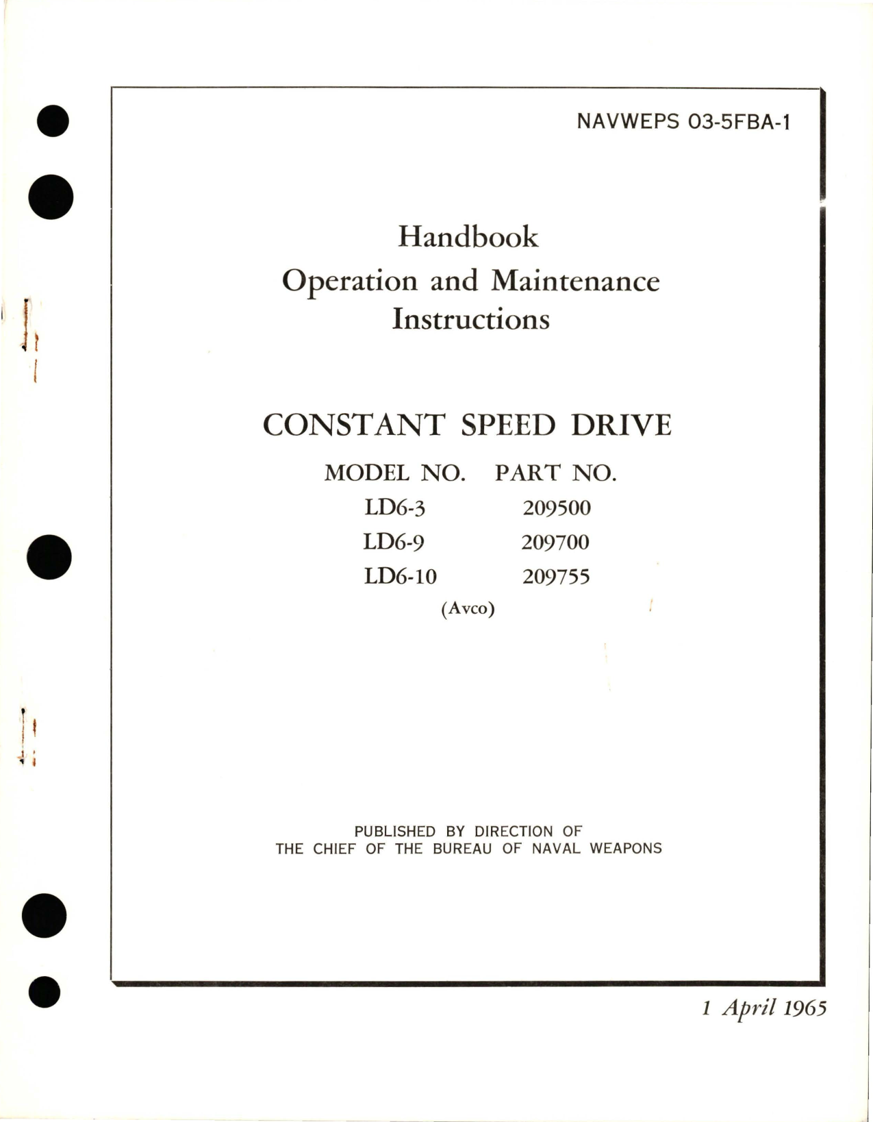 Sample page 1 from AirCorps Library document: Operation and Maintenance Instructions for Constant Speed Drive - Model LD6-3, LD6-9, and LD6-10