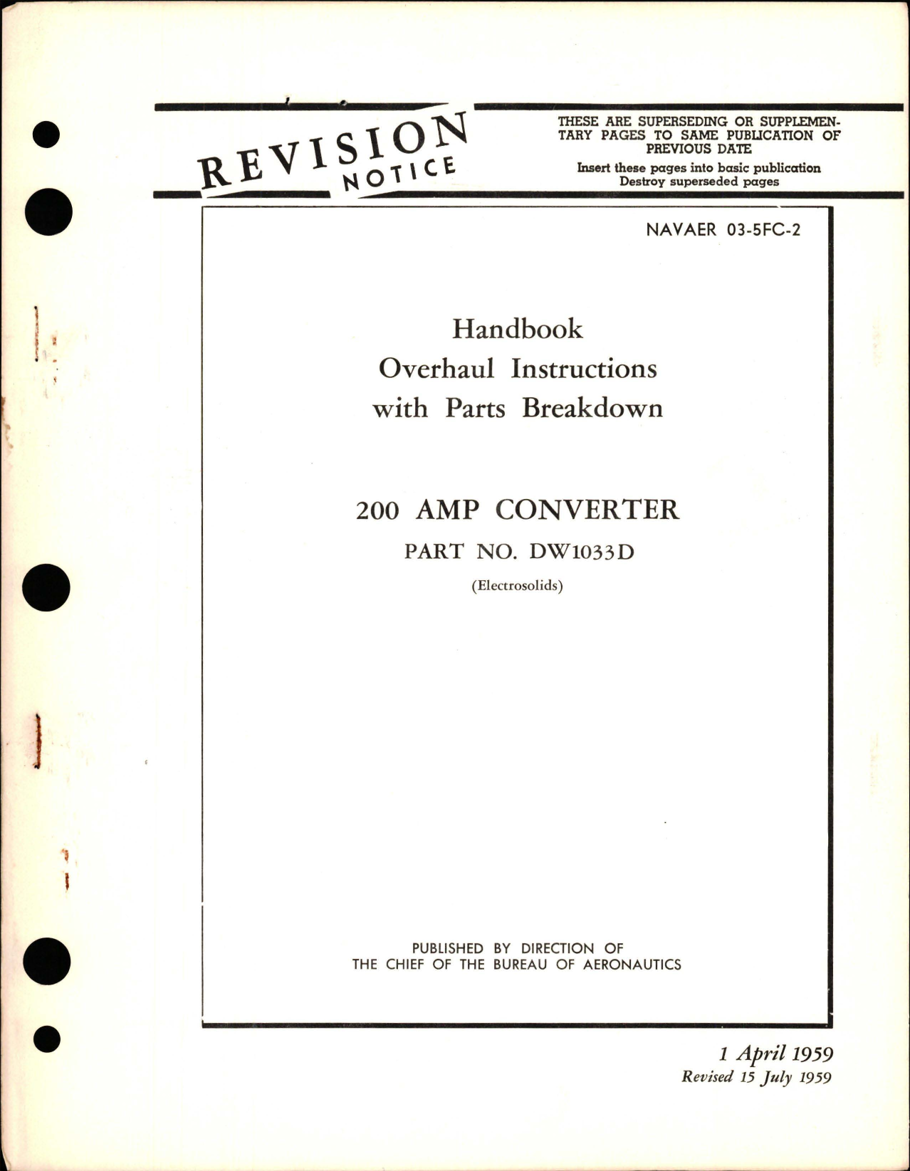 Sample page 1 from AirCorps Library document: Overhaul Instructions with Parts Breakdown for 200 Amp Converter - Part DW1033D