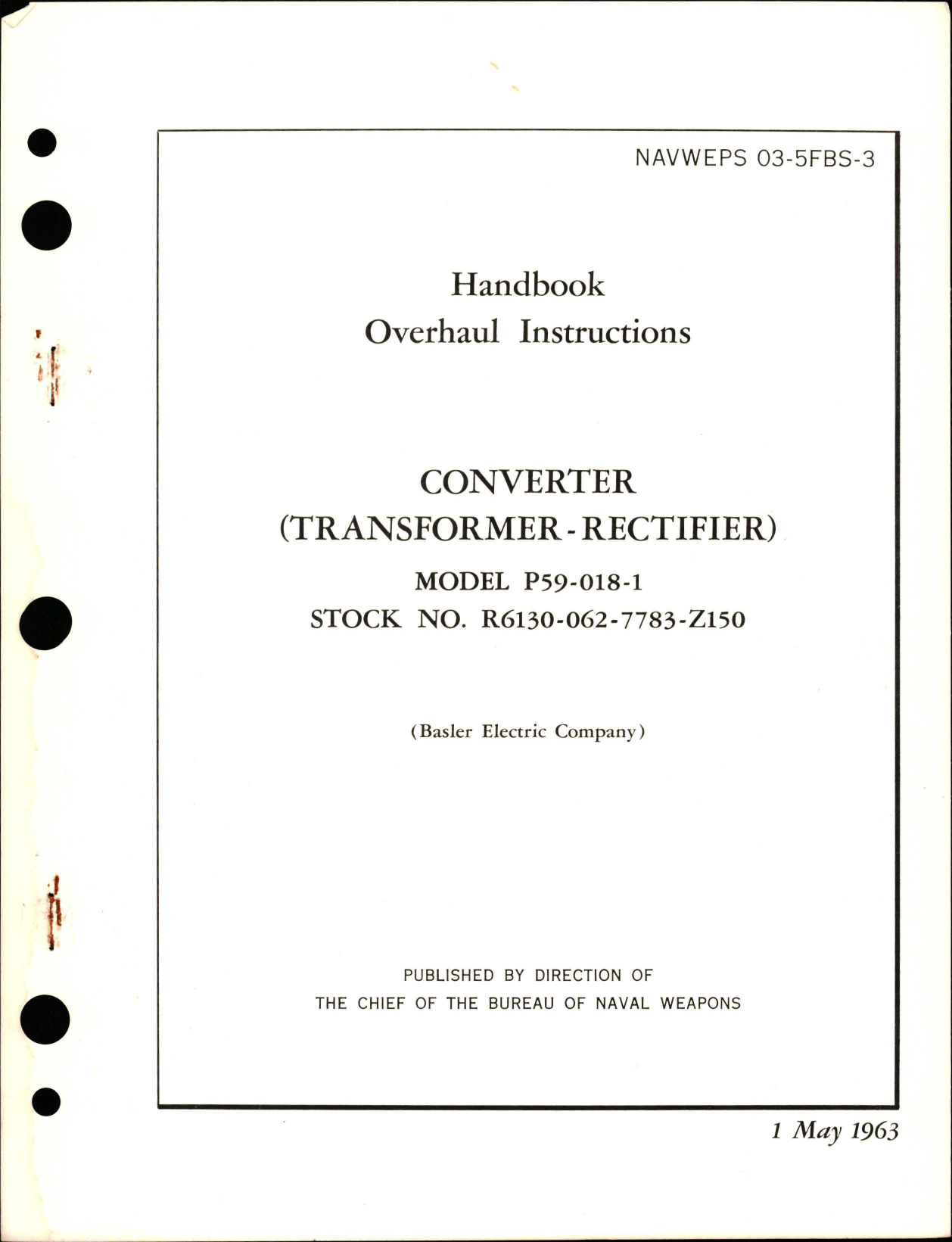 Sample page 1 from AirCorps Library document: Overhaul Instructions for Transformer Rectifier Converter - Model P59-018-1