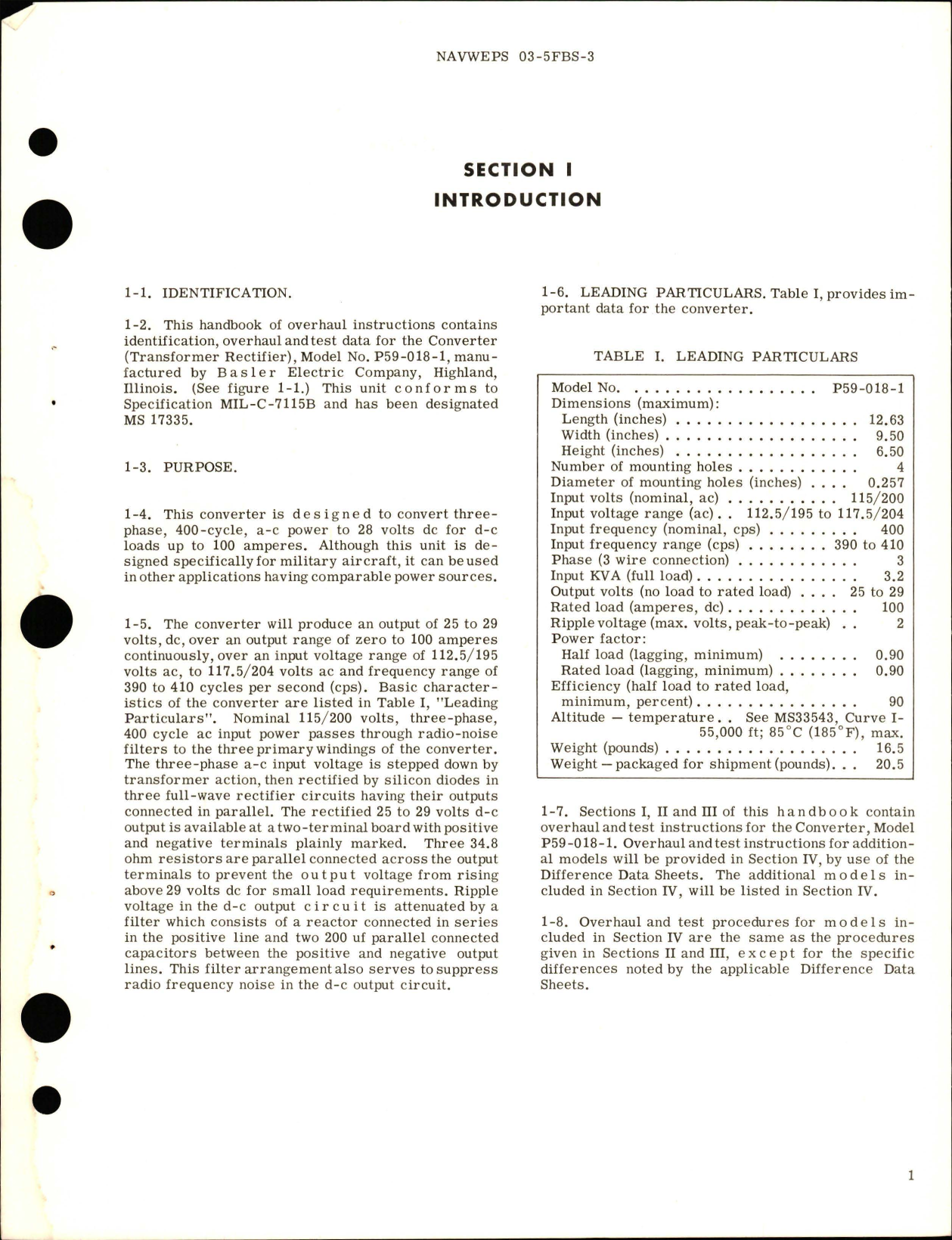 Sample page 5 from AirCorps Library document: Overhaul Instructions for Transformer Rectifier Converter - Model P59-018-1