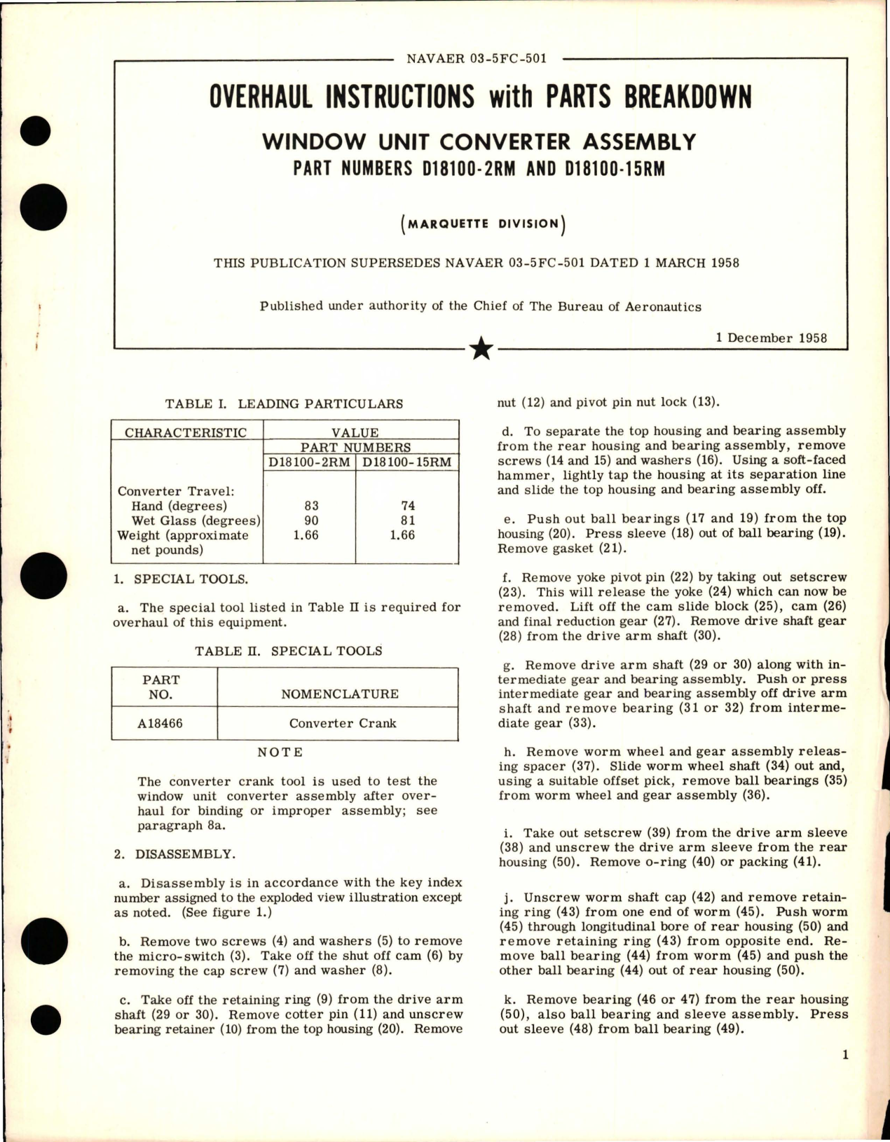 Sample page 1 from AirCorps Library document: Overhaul Instructions with Parts Breakdown for Window Unit Converter Assembly - Parts D18100-2RM and D18100-15RM