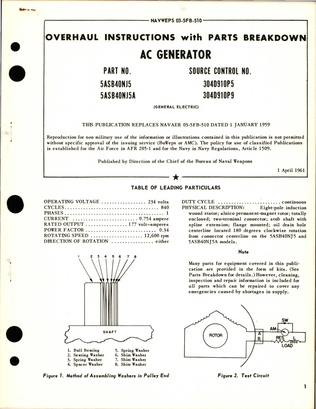 Sample page 1 from AirCorps Library document: Overhaul Instructions with Parts Breakdown for AC Generator - Parts 5ASB40NJ5 and 5ASB40NJ5A 
