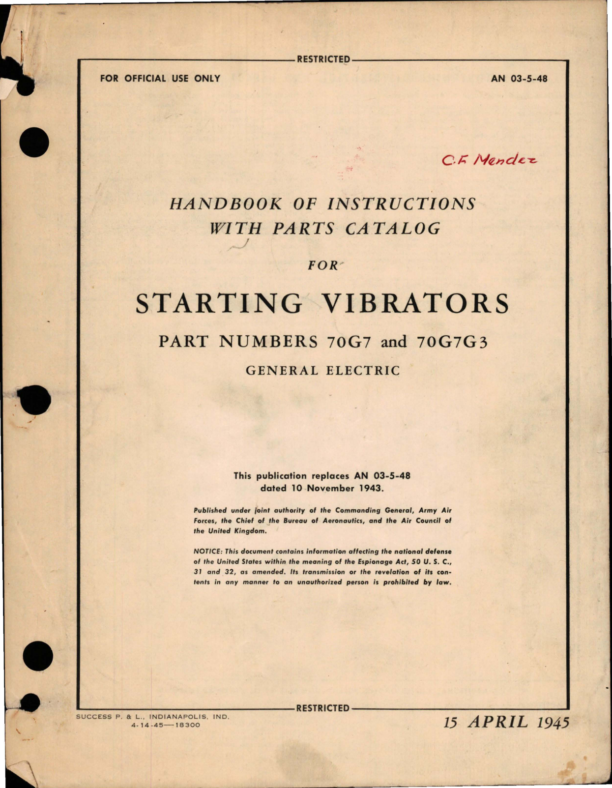 Sample page 1 from AirCorps Library document: Instructions with Parts Catalog for Starting Vibrators - Parts 70G7 and 70G7G3 