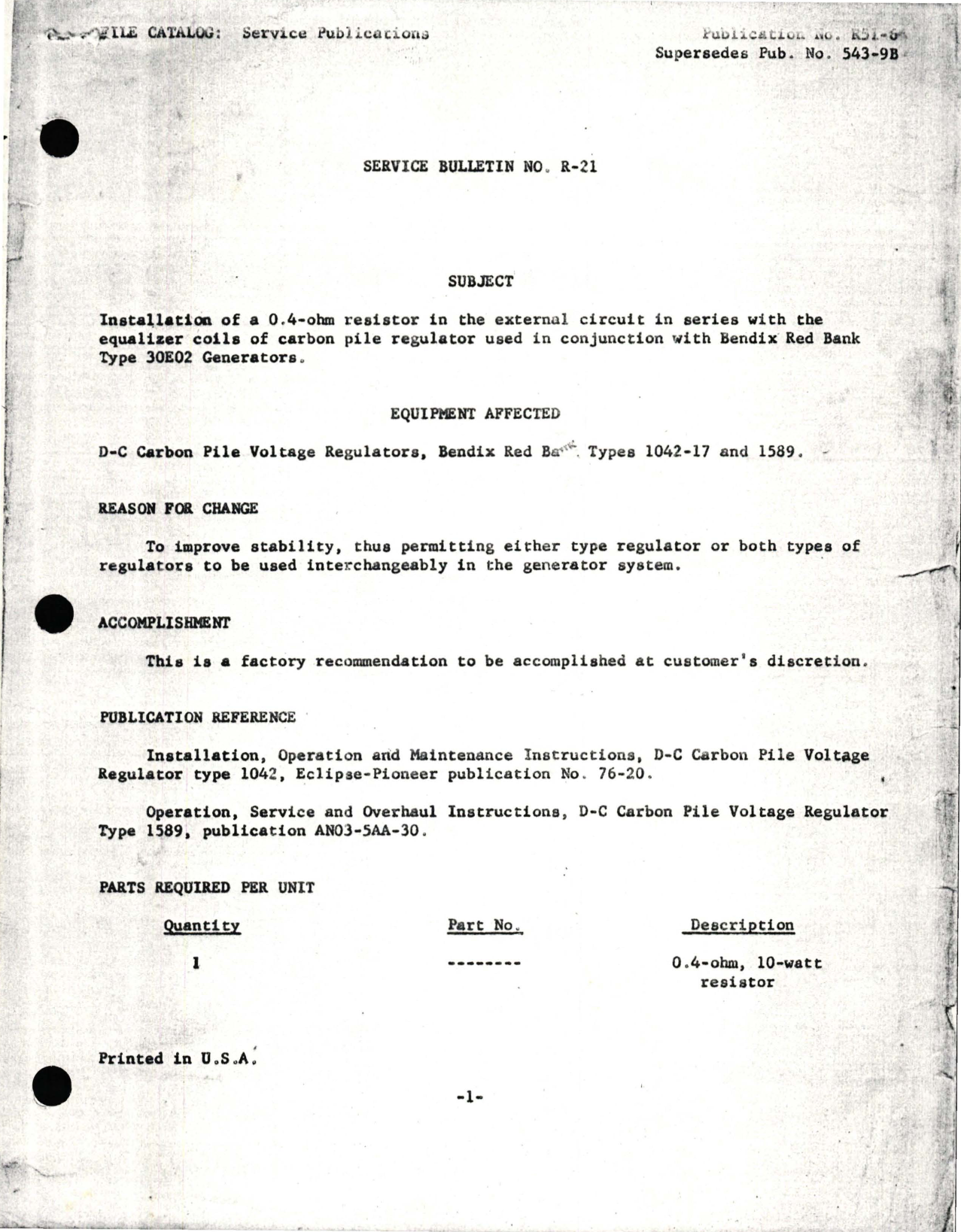 Sample page 1 from AirCorps Library document: Installation of .4ohm Resistor in External Circuit in Series with Equalizer Coils - Type 30E02