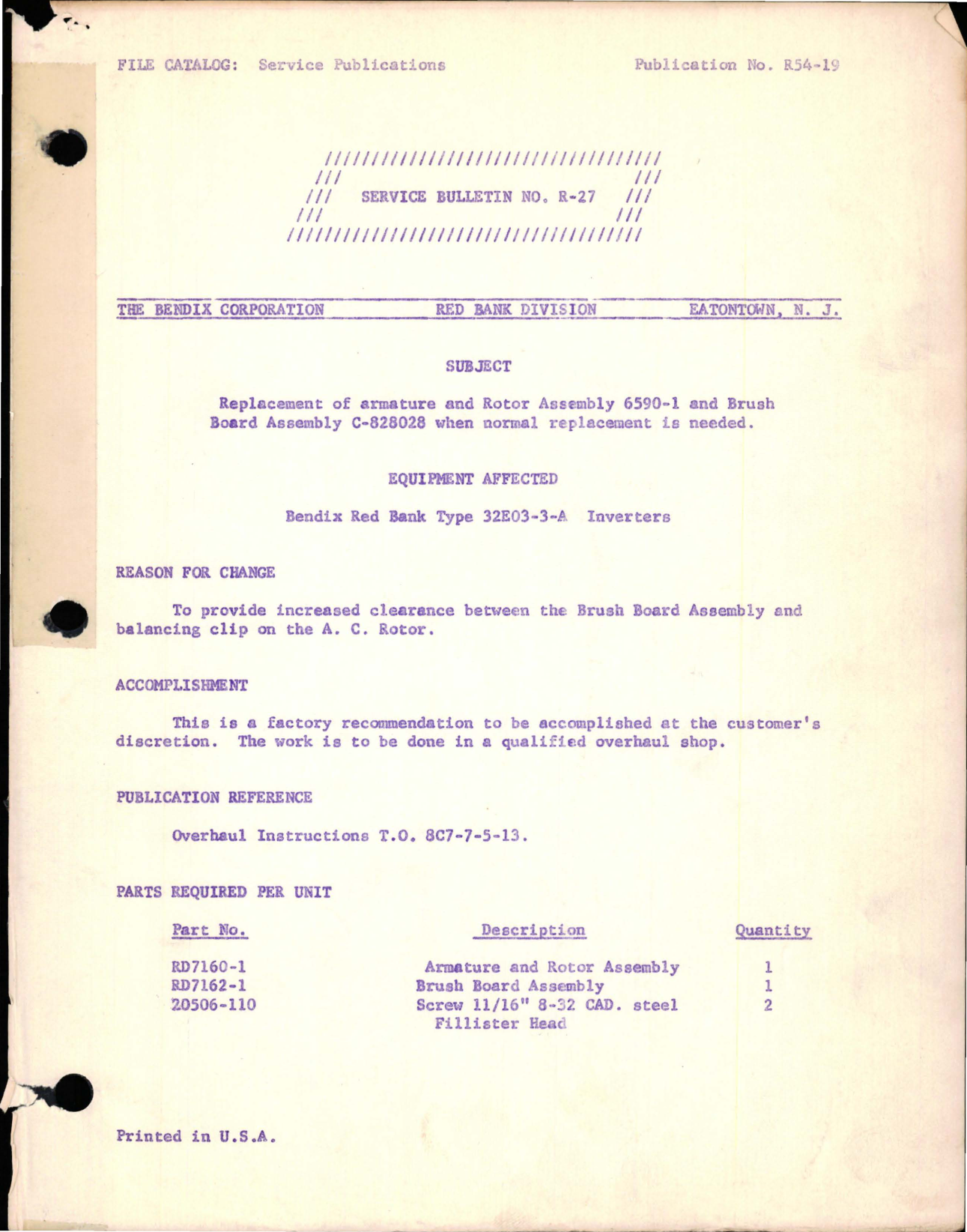 Sample page 1 from AirCorps Library document: Replacement of Armature & Rotor Assembly 6590-1 and Brush Board Assembly C-828028 