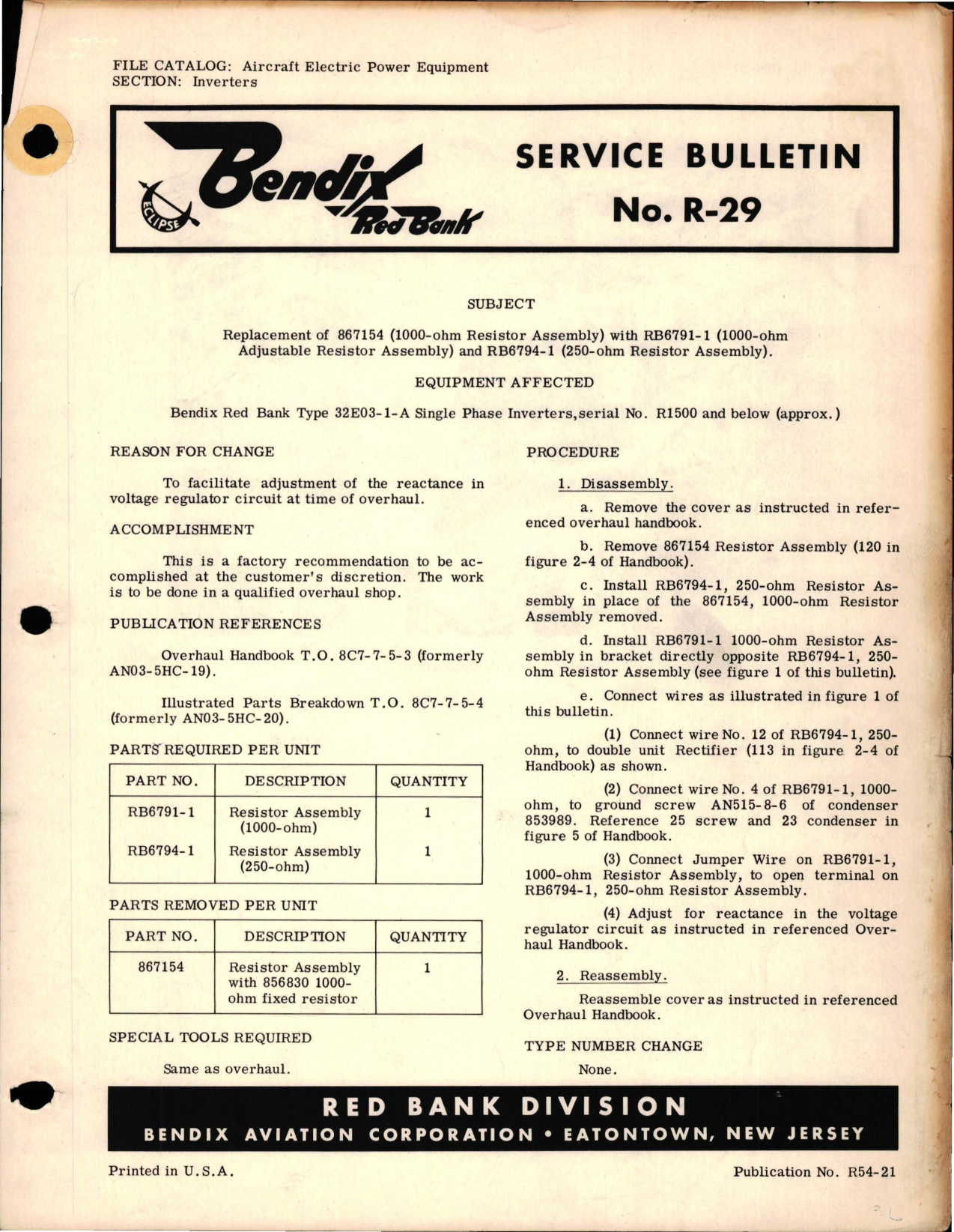 Sample page 1 from AirCorps Library document: Replacement of 867154, RB6791-1, RB6794-1 Resistor Assembly 