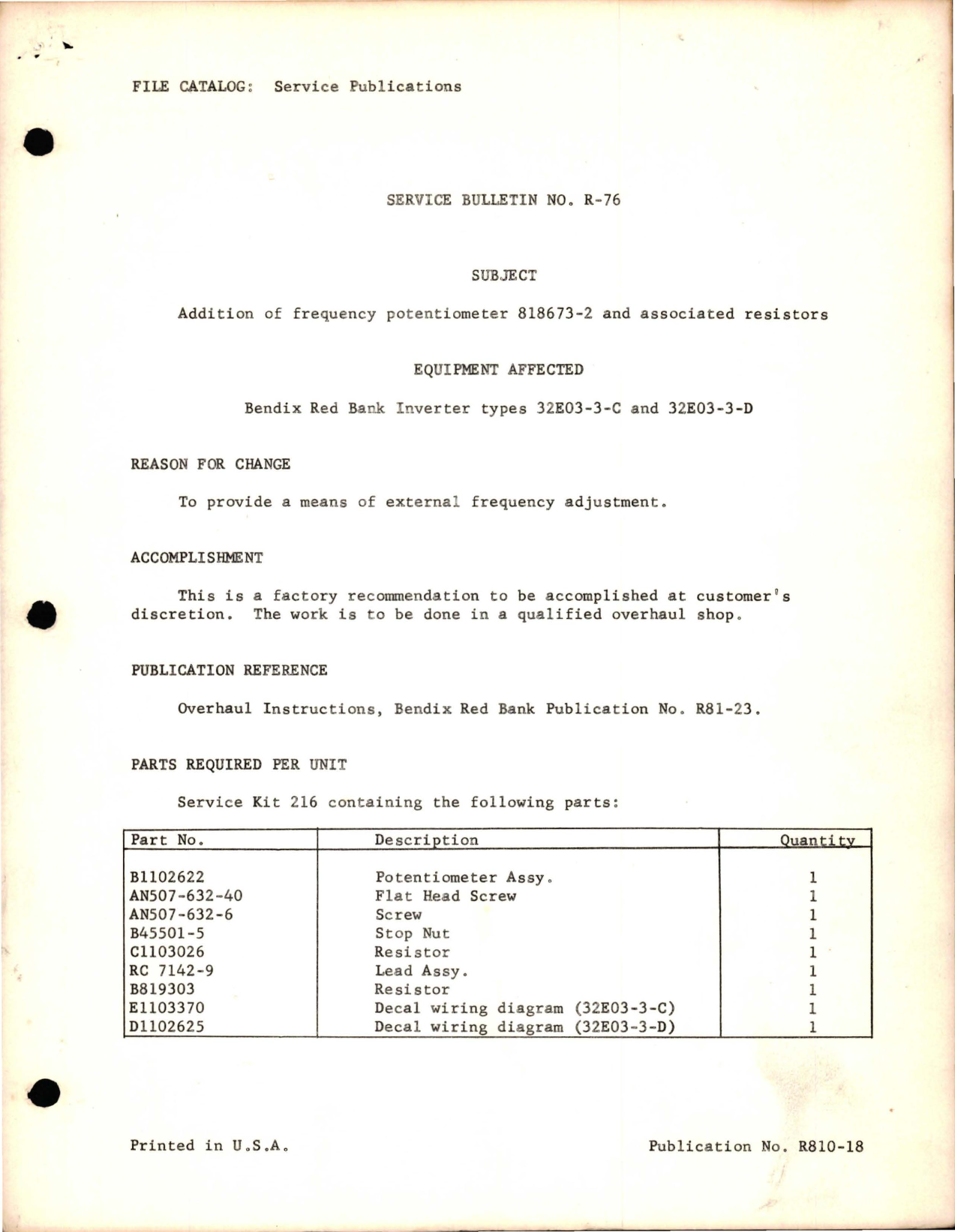 Sample page 1 from AirCorps Library document: Addition of Frequency Potentimoter 818673-2 and Associated Resistors 