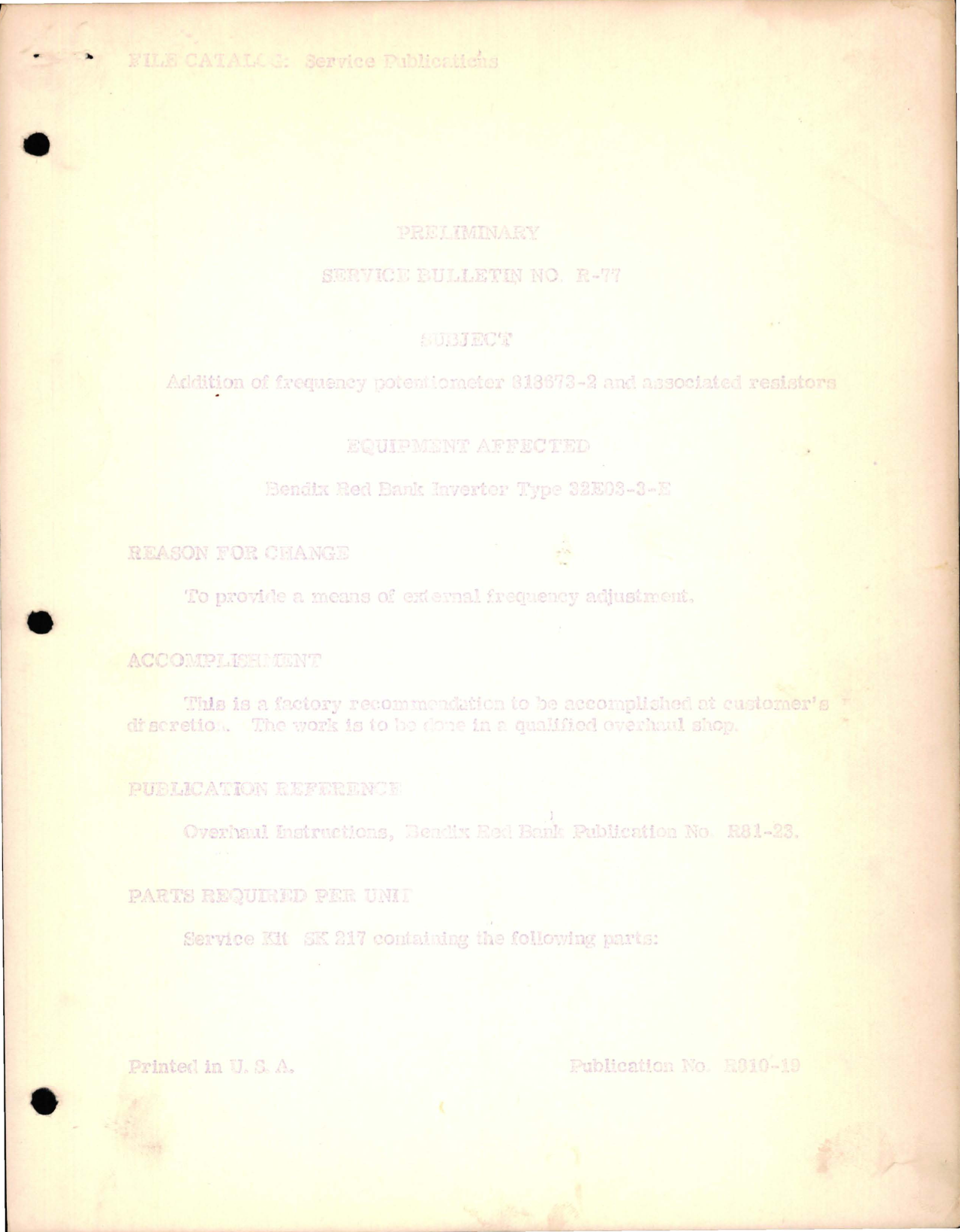 Sample page 1 from AirCorps Library document: Addition of Frequency Potentiometer 818673-2 and Associated Resistors - Type 32E03-3-E