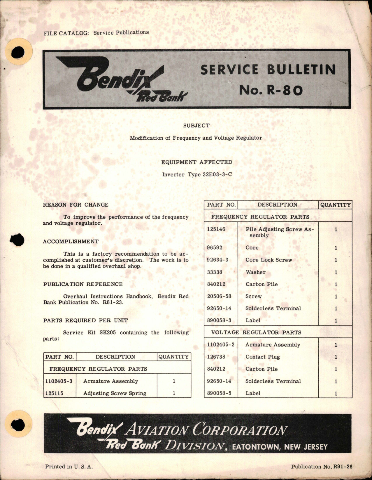 Sample page 1 from AirCorps Library document: Modification of Frequency and Voltage Regulator - Type 32E03-3-C