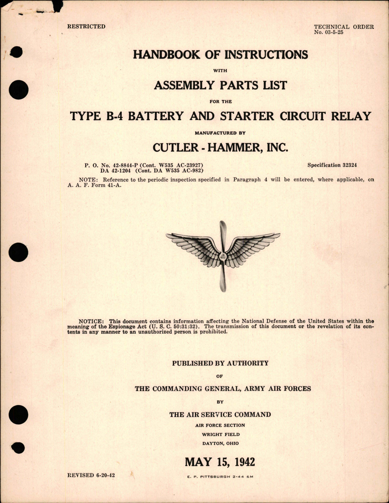 Sample page 1 from AirCorps Library document: Instructions with Assembly Parts List for the Battery and Starter Circuit Relay - Type B-4 