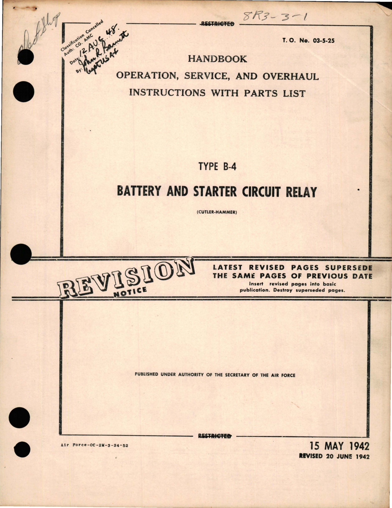 Sample page 1 from AirCorps Library document: Operation, Service and Overhaul Instructions with Parts List for Battery and Starter Circuit Relay - Type B-4