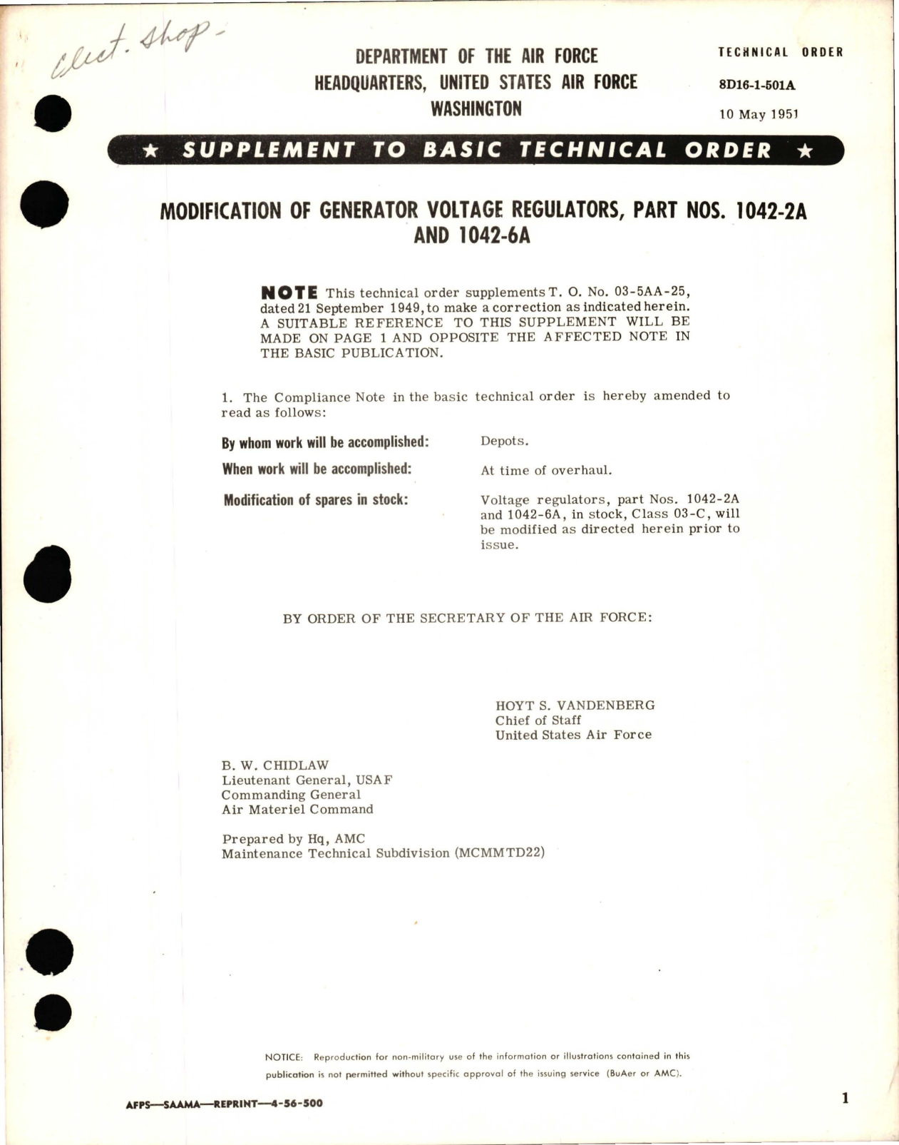 Sample page 1 from AirCorps Library document: Supplement to Modification of Generator Voltage Regulators - Parts 1042-2A and 1042-6A