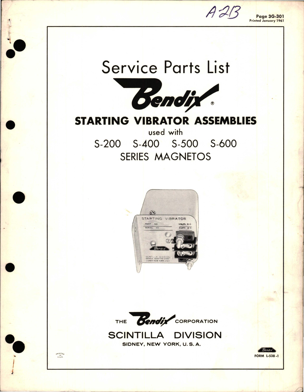 Sample page 1 from AirCorps Library document: Service Parts List for Starting Vibrator Assembly used with S-200, S-400, S-500, and S-600 Series Magnetos