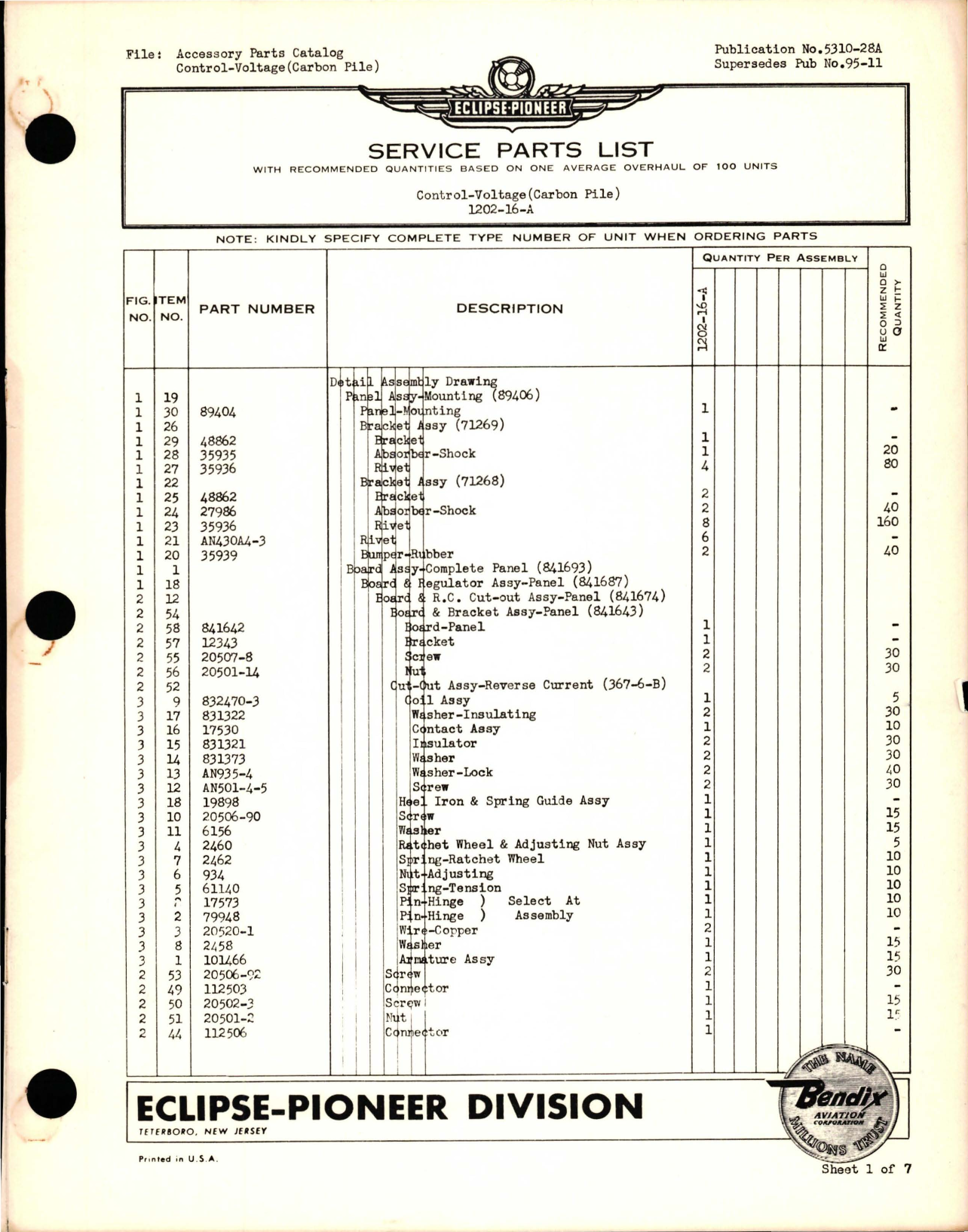 Sample page 1 from AirCorps Library document: Service Parts List for Control Voltage (Carbon Pile) - 1202-16-A