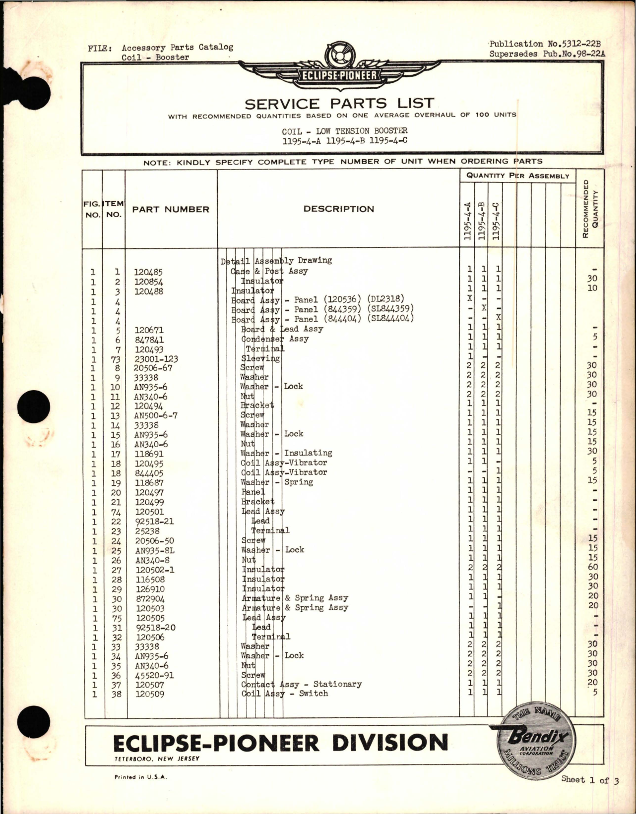 Sample page 1 from AirCorps Library document: Service Parts List for Low Tension Booster Coil - 1195-4-A, 1195-4-B, and 1195-4-C 