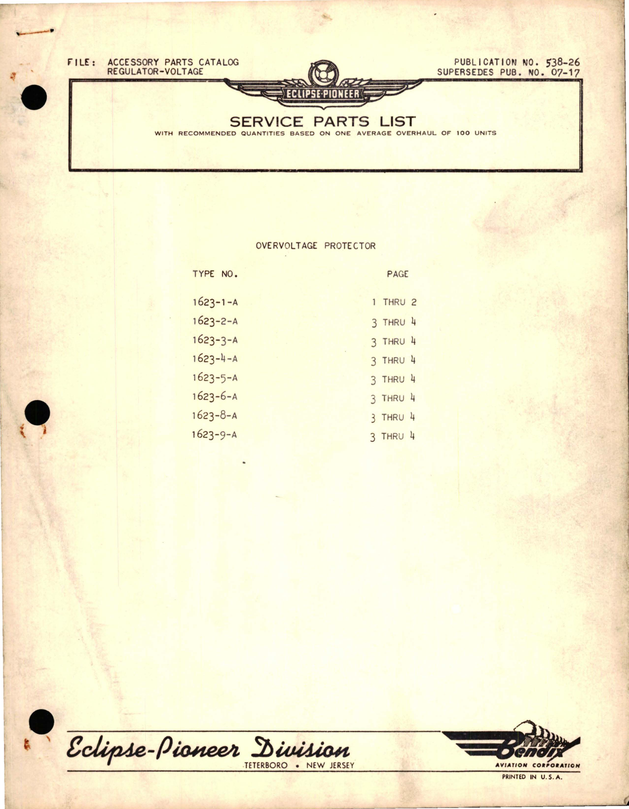 Sample page 1 from AirCorps Library document: Service Parts List for Overvoltage Protector - Type 1623 Series