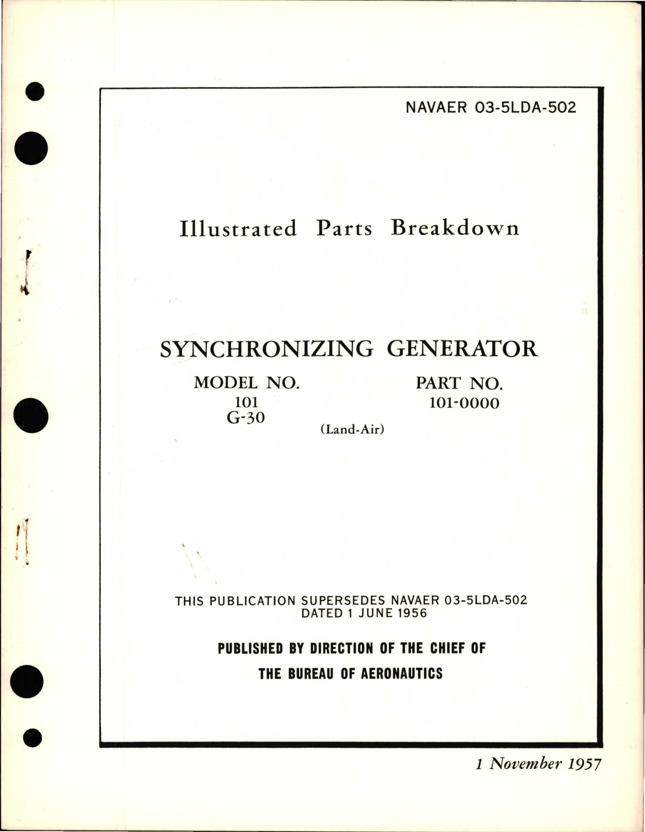 Sample page 1 from AirCorps Library document: Illustrated Parts Breakdown for Synchronizing Generator - Model 101 and G-30 - Part 101-0000
