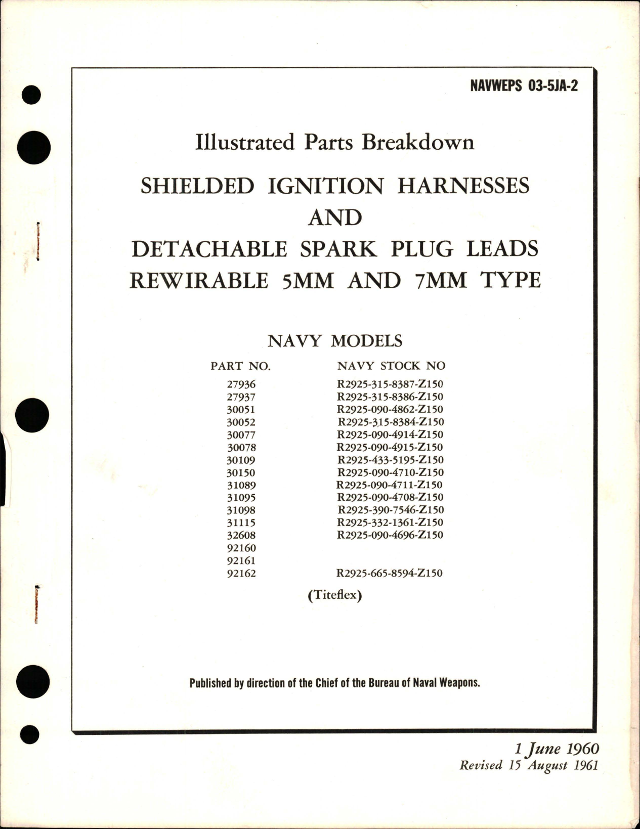 Sample page 1 from AirCorps Library document: Illustrated Parts Breakdown for Shielded Ignition Harnesses and Detachable Spark Plug Leads - Rewirable - 5MM & 7MM Type