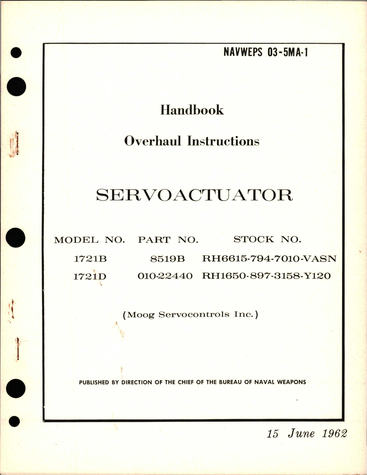 Sample page 1 from AirCorps Library document: Overhaul Instructions for Servoactuator - Models 1721B and 1721D 