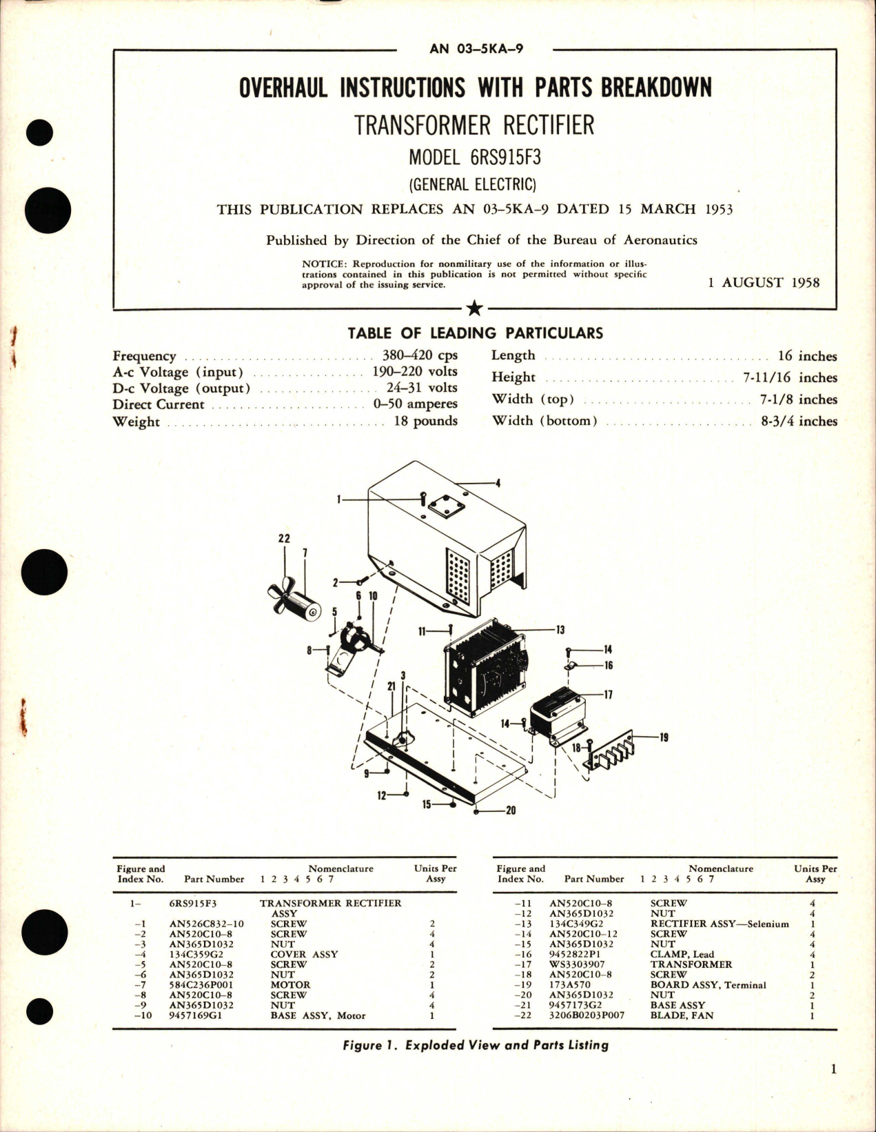 Sample page 1 from AirCorps Library document: Overhaul Instructions with Parts Breakdown for Transformer Rectifier - Model 6RS915F3 