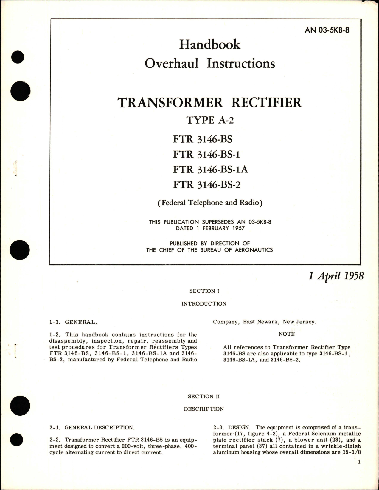 Sample page 1 from AirCorps Library document: Overhaul Instructions for Transformer Rectifier 