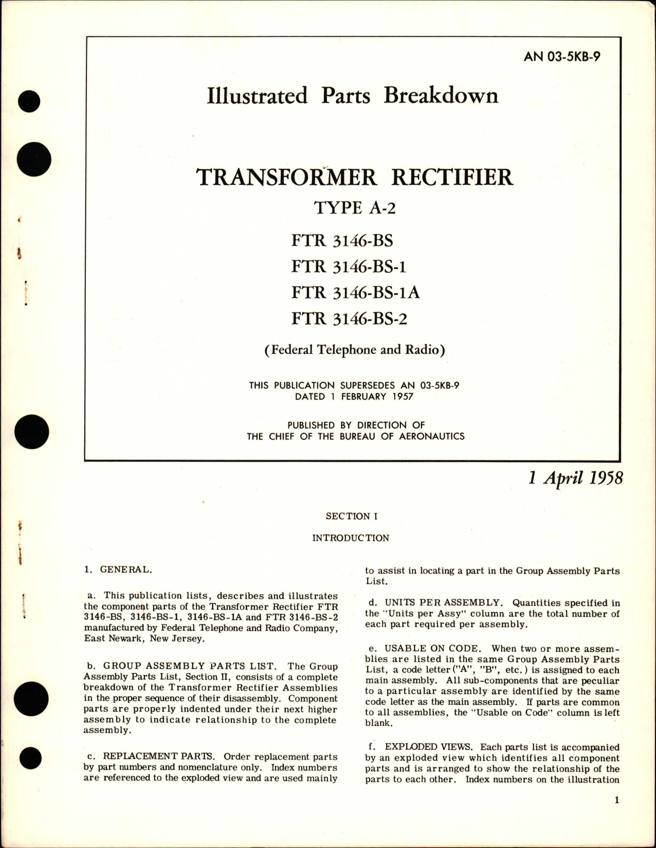 Sample page 1 from AirCorps Library document: Illustrated Parts Breakdown for Transformer Rectifier - Type A-2