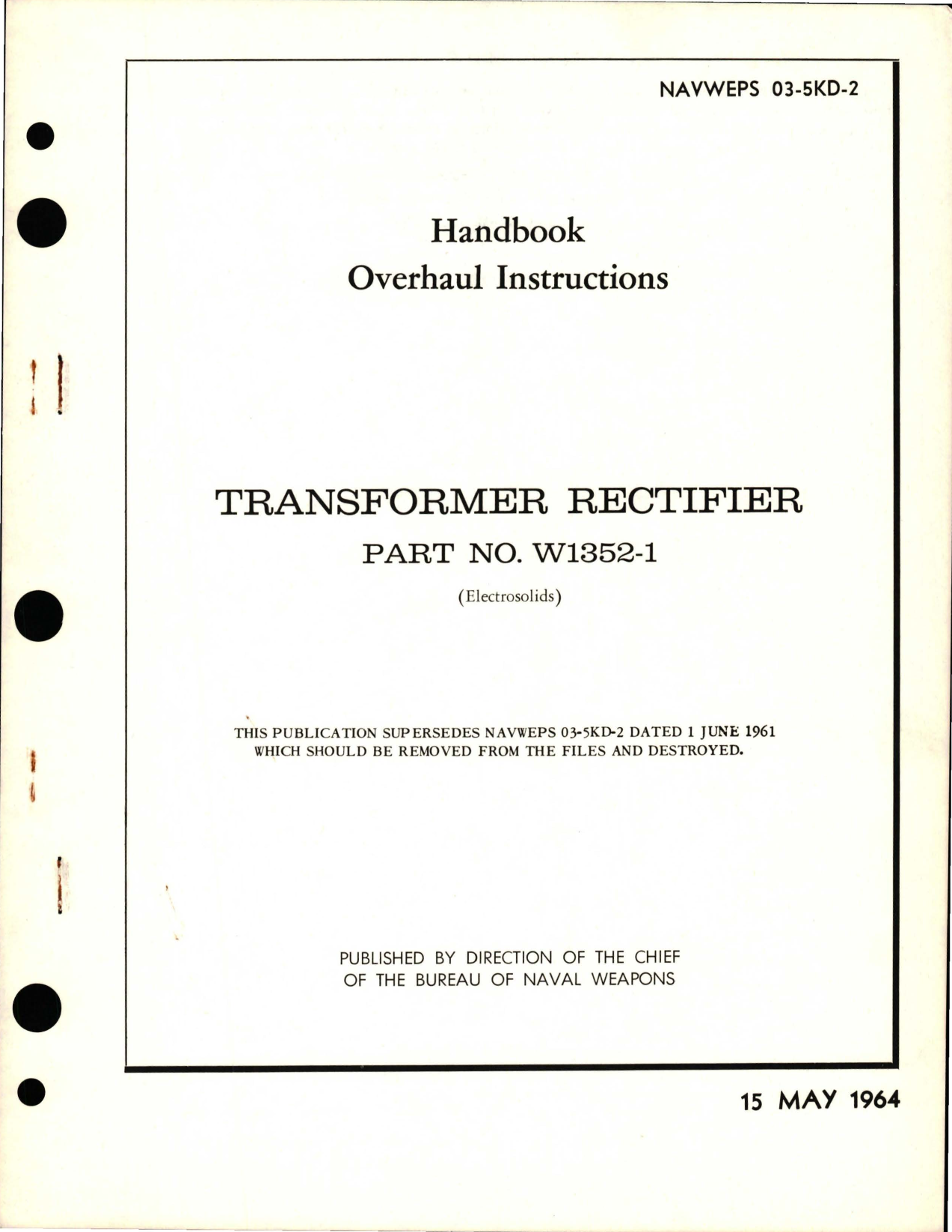 Sample page 1 from AirCorps Library document: Overhaul Instructions for Transformer Rectifier - Part W1352-1