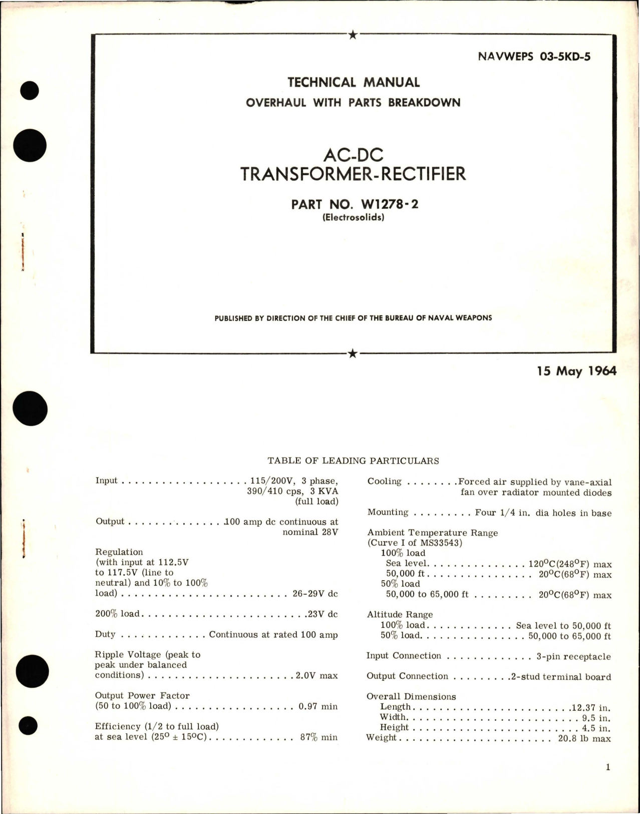 Sample page 1 from AirCorps Library document: Overhaul with Parts Breakdown for AC-DC Transformer Rectifier - Part W1278-2