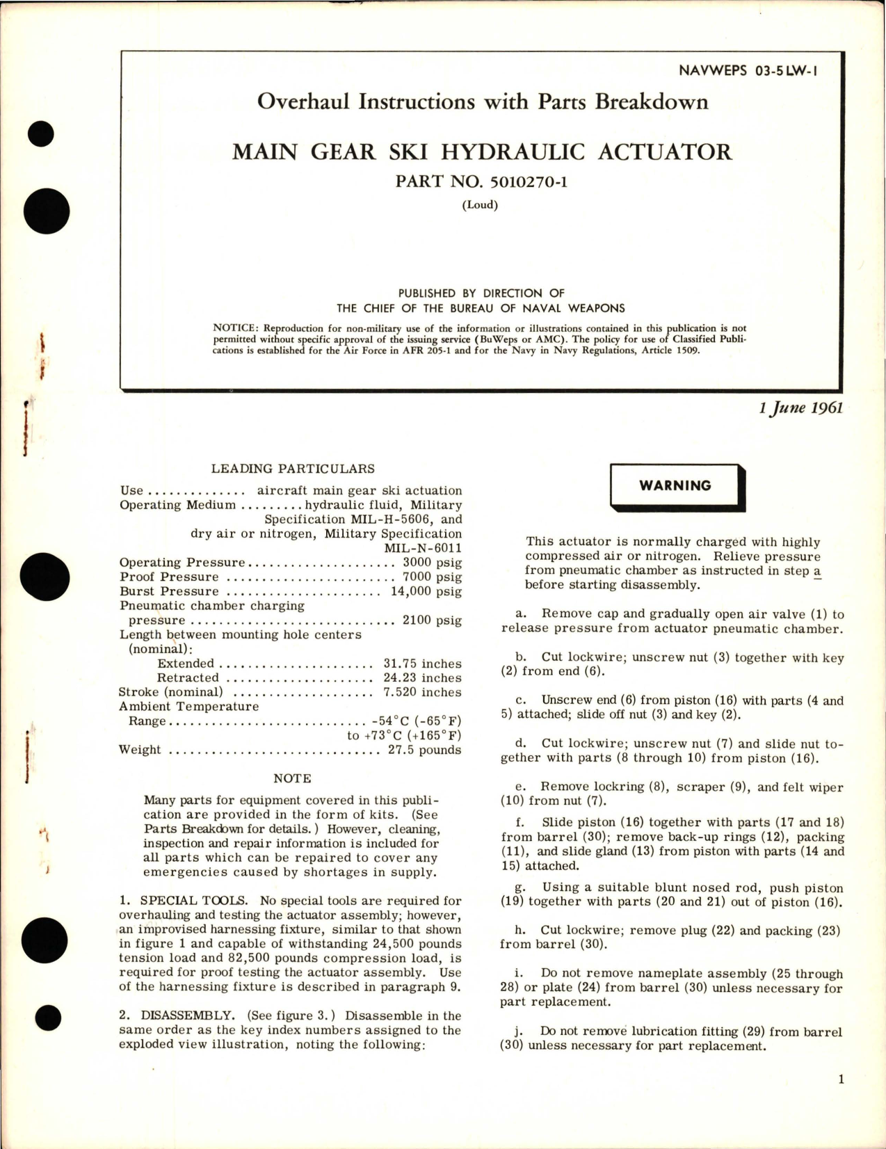Sample page 1 from AirCorps Library document: Overhaul Instructions with Parts Breakdown for Main Gear Ski Hydraulic Actuator - Part 5010270-1