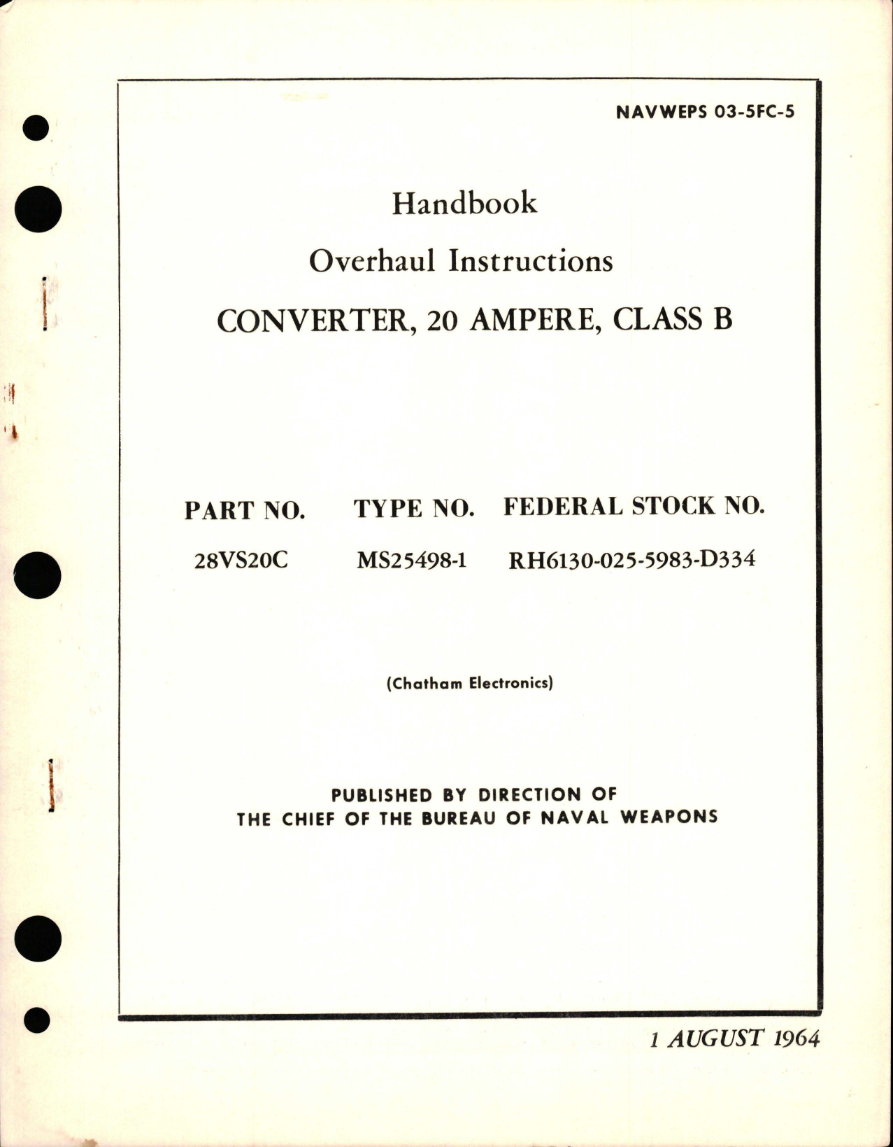 Sample page 1 from AirCorps Library document: Overhaul Instructions for Class B 20 Amp Converter - Part 28VS20C - Type MS25498-1