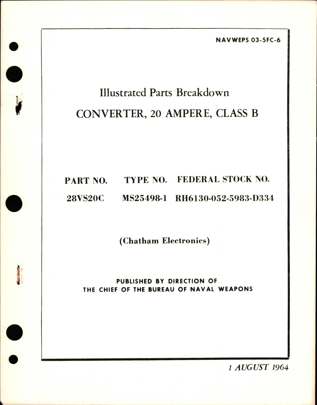 Sample page 1 from AirCorps Library document: Illustrated Parts Breakdown for Class B 20 Amp Converter - Part 28VS20C - Type MS25498-1