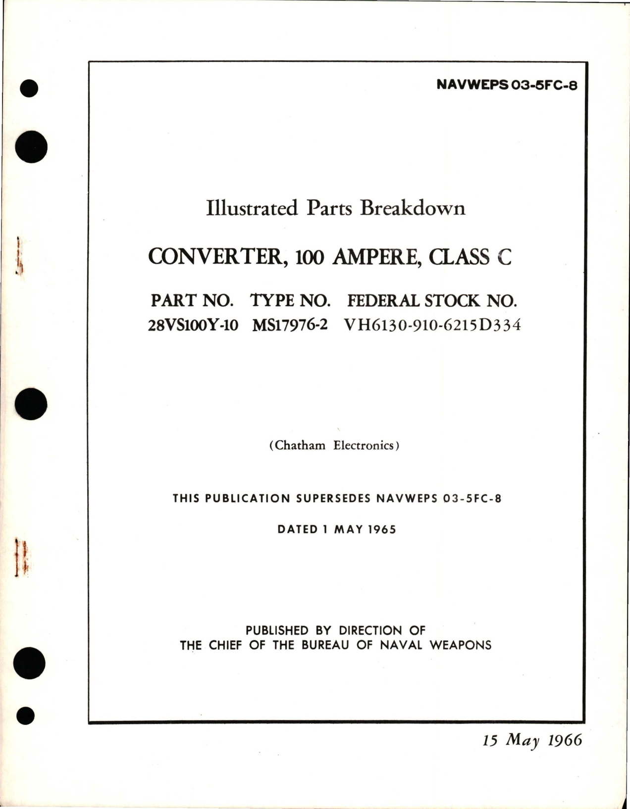 Sample page 1 from AirCorps Library document: Illustrated Parts Breakdown for Class C 100 Amp Converter - Part 28VS100Y-10 - Type MS17976-2