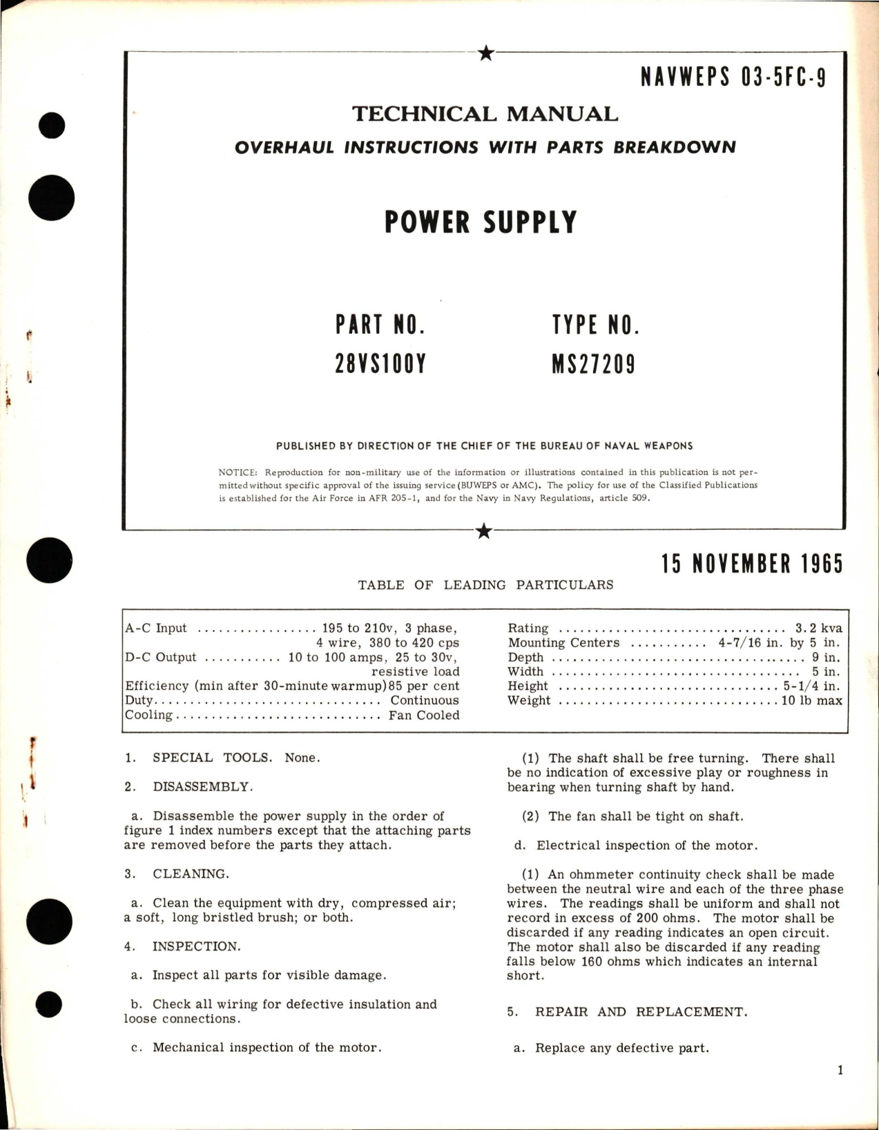 Sample page 1 from AirCorps Library document: Overhaul Instructions with Parts Breakdown for Power Supply - Part 28VS100Y - Type MS27209