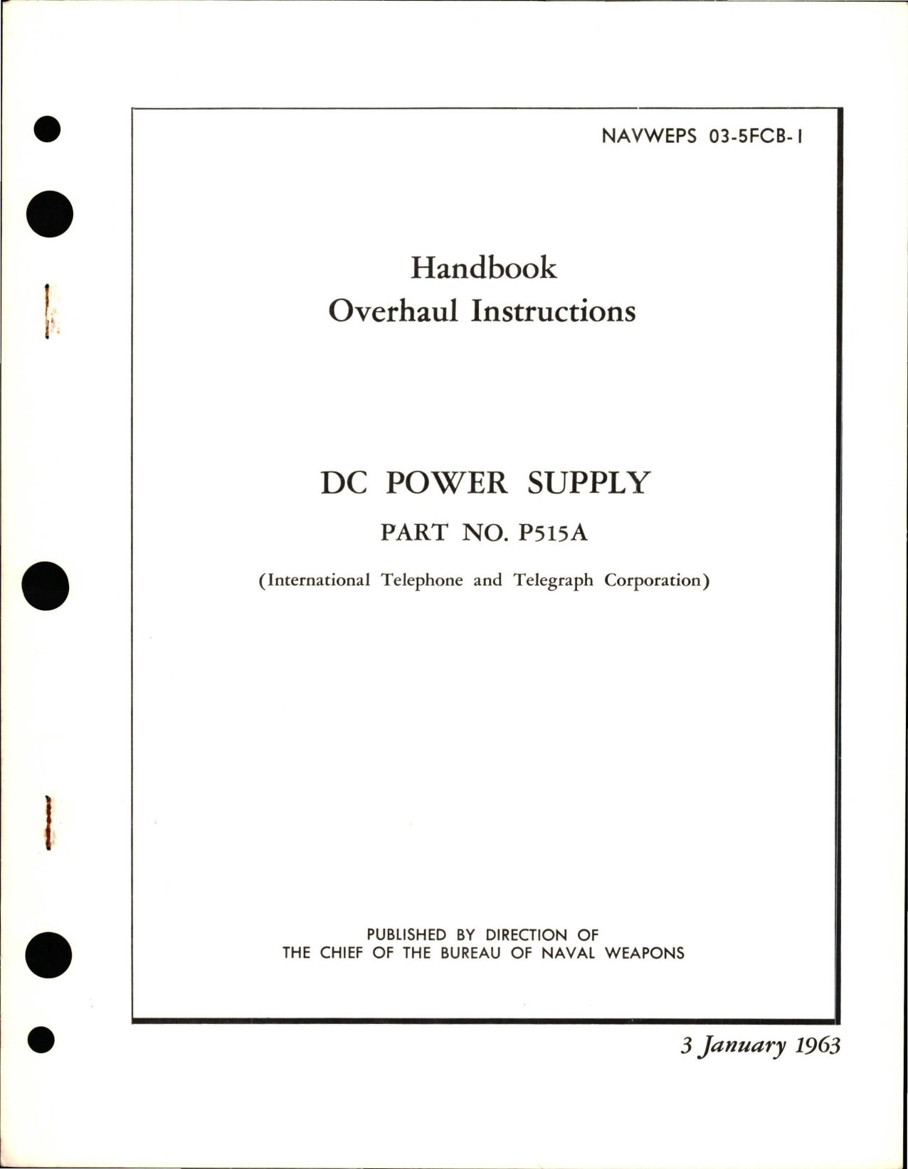 Sample page 1 from AirCorps Library document: Overhaul Instructions for DC Power Supply - Part P515A
