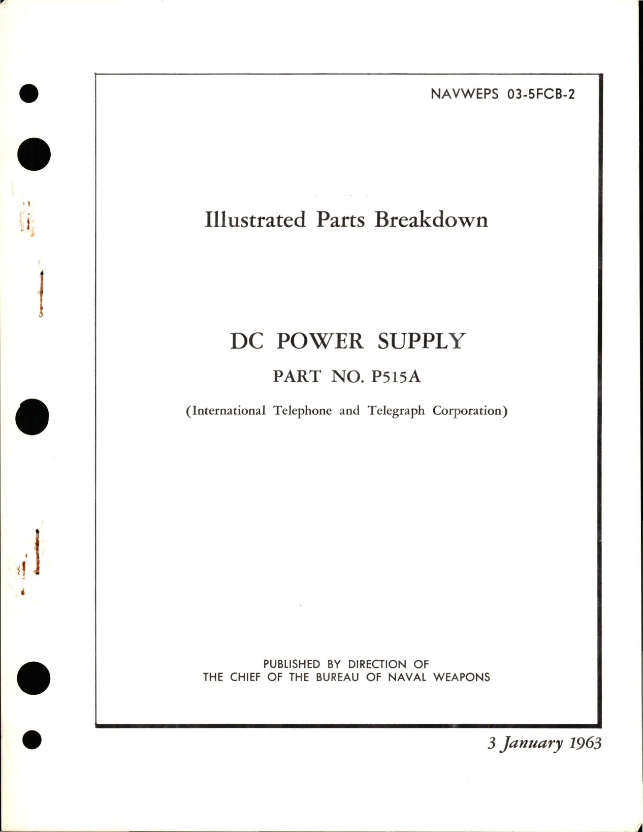 Sample page 1 from AirCorps Library document: Illustrated Parts Breakdown for DC Power Supply - Part P515A