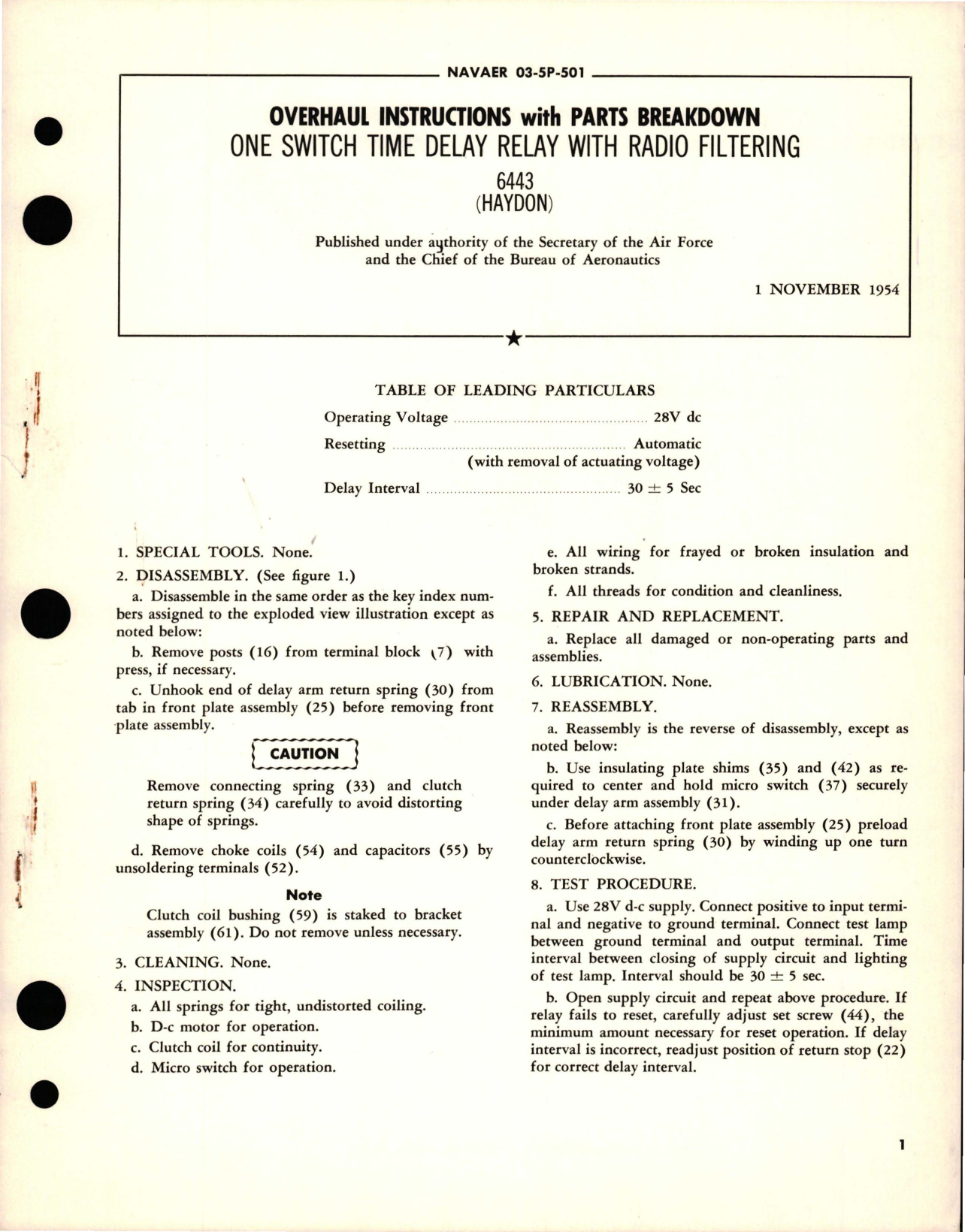 Sample page 1 from AirCorps Library document: Overhaul Instructions with Parts Breakdown for One Switch Time Delay Relay with Radio Filtering - 6443