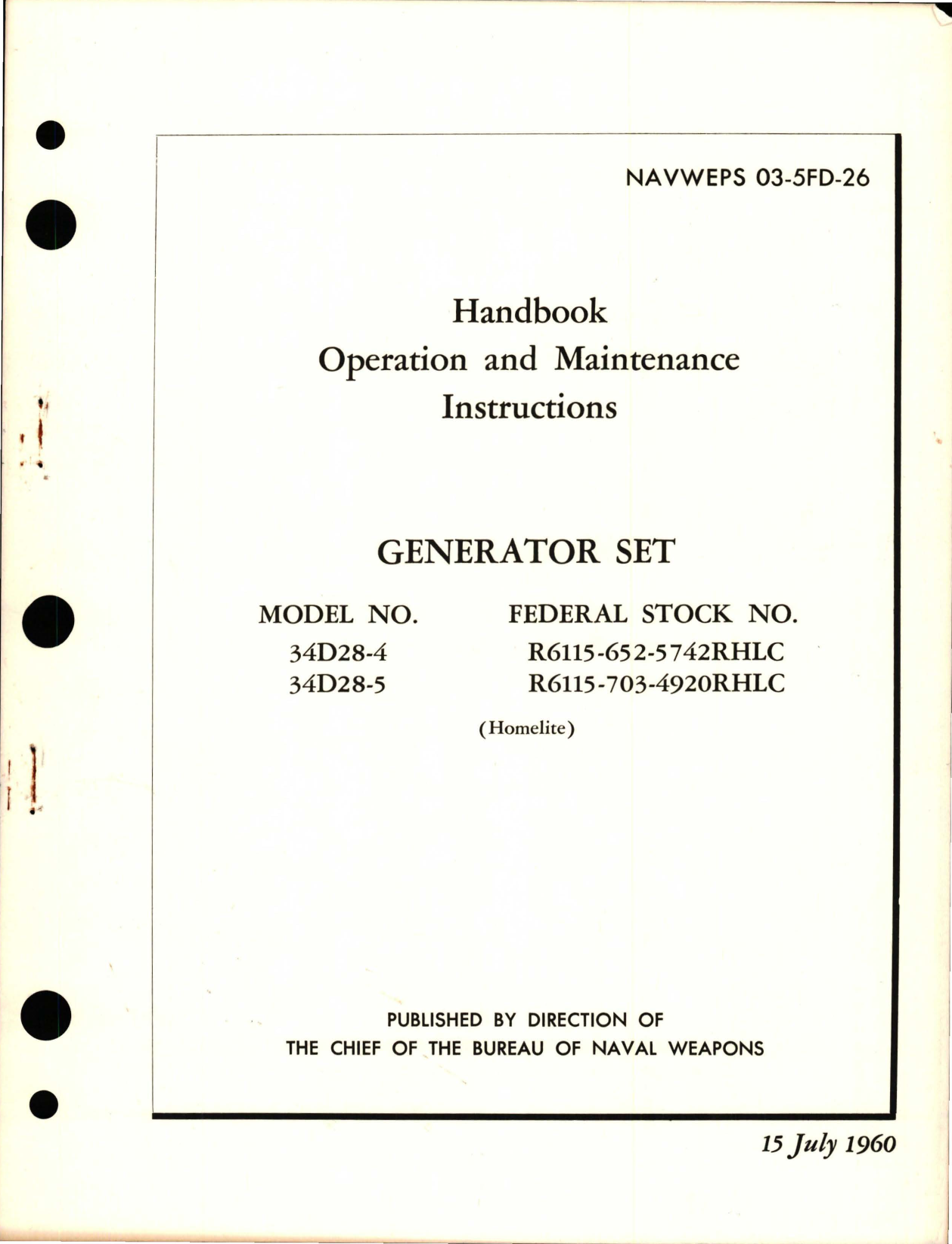 Sample page 1 from AirCorps Library document: Operation and Maintenance Instructions for Generator Set - Models 34D28-4, 34D28-5