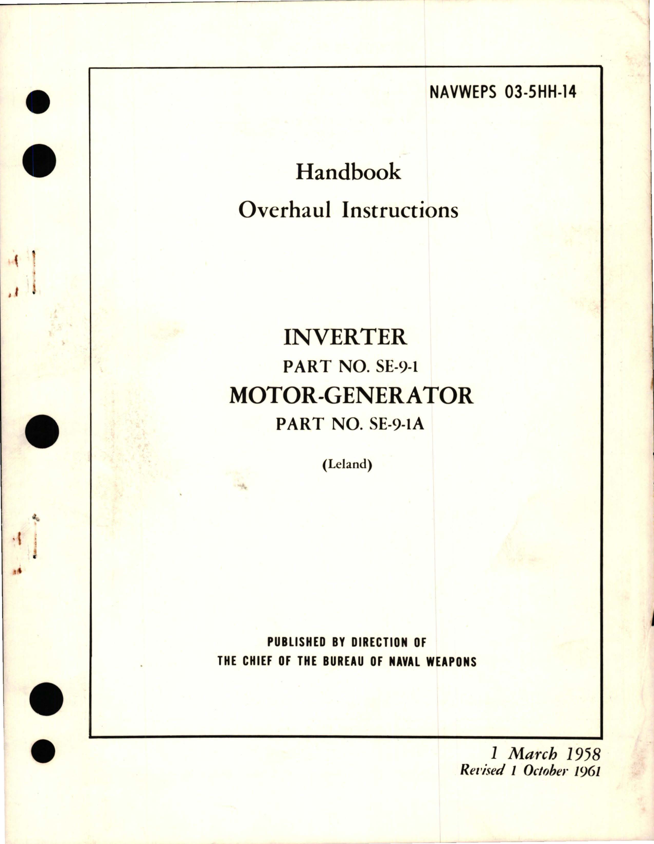Sample page 1 from AirCorps Library document: Overhaul Instructions for Inverter - Part SE-9-1, and Motor Generator - Part SE-9-1-1A 