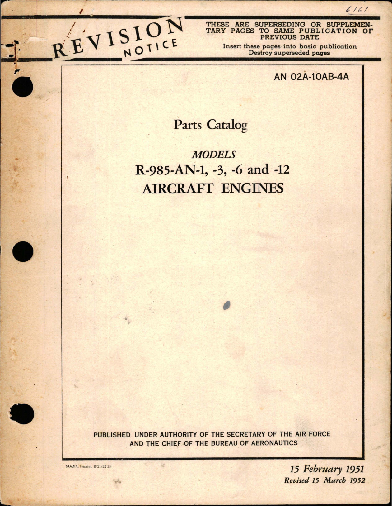 Sample page 1 from AirCorps Library document: Parts Catalog for R-985-AN-1, R-985-AN-3, R-985-AN-6, and R-985-AN-12 Wasp Jr Engines 