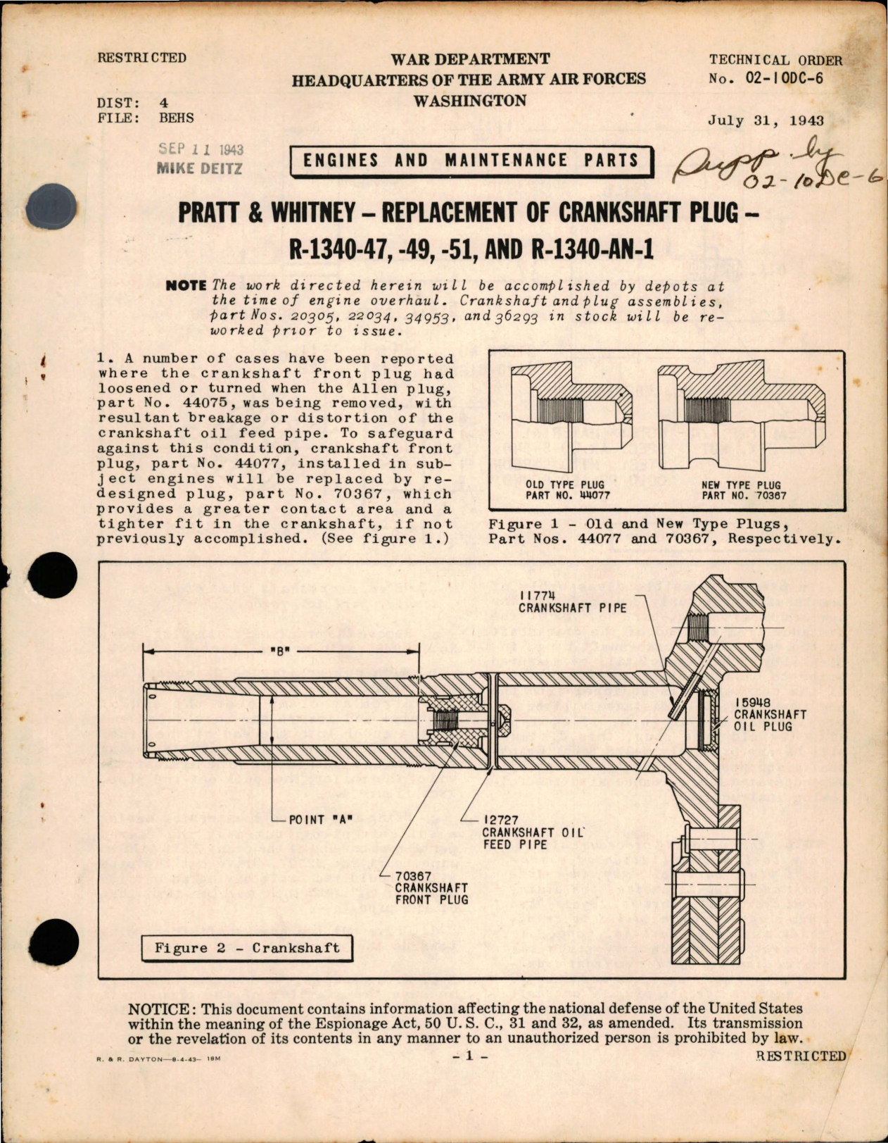 Sample page 1 from AirCorps Library document: Replacement of Crankshaft Plug in R-1340-47, R-1340-49, R-1340-50 and R-1340-AN-1 