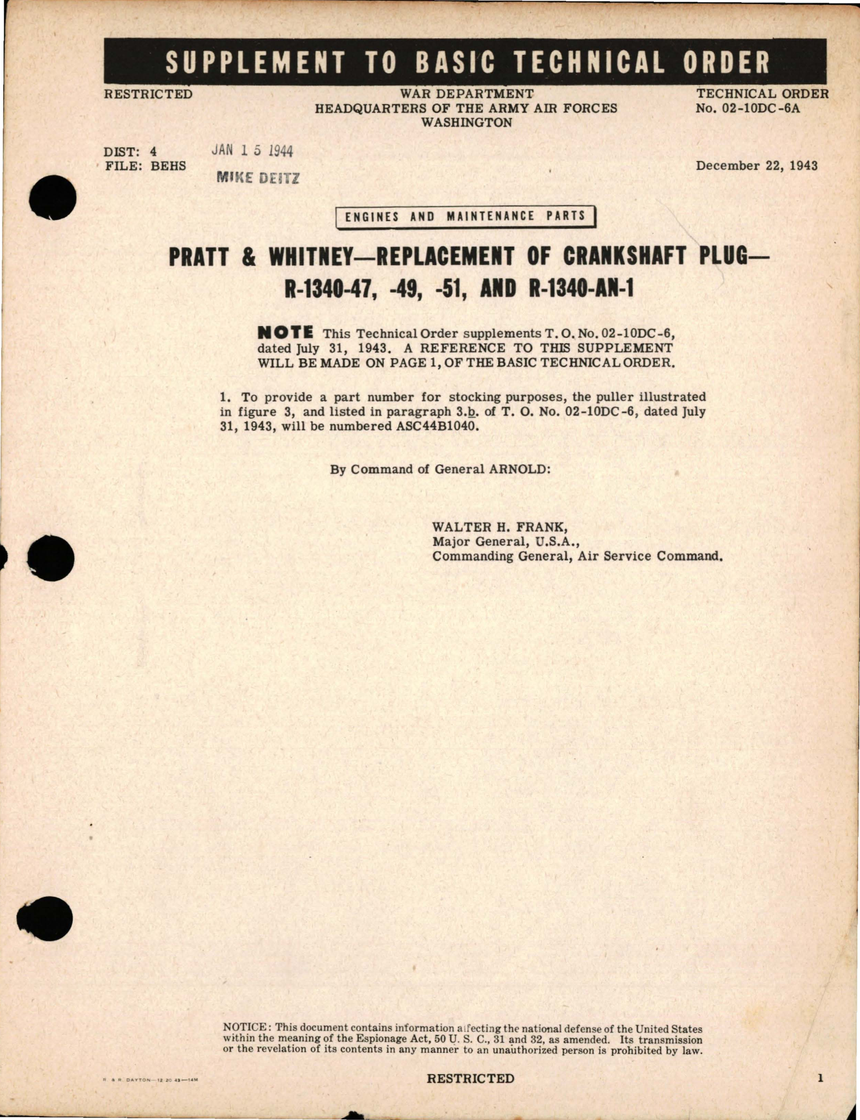 Sample page 1 from AirCorps Library document: Supplement to Replacement of Crankshaft Plug in R-1340-47, R-1340-49, R-1340-51 and R-1340-AN-1 