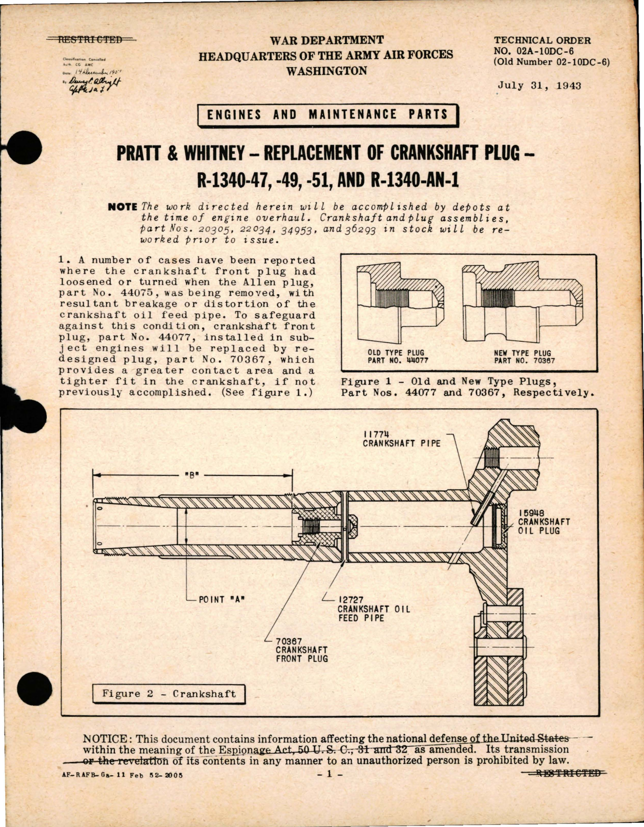 Sample page 1 from AirCorps Library document: Replacement of Crankshaft Plug on R-1340-47, R-1340-49, R-1340-51, and R-1340-AN-1