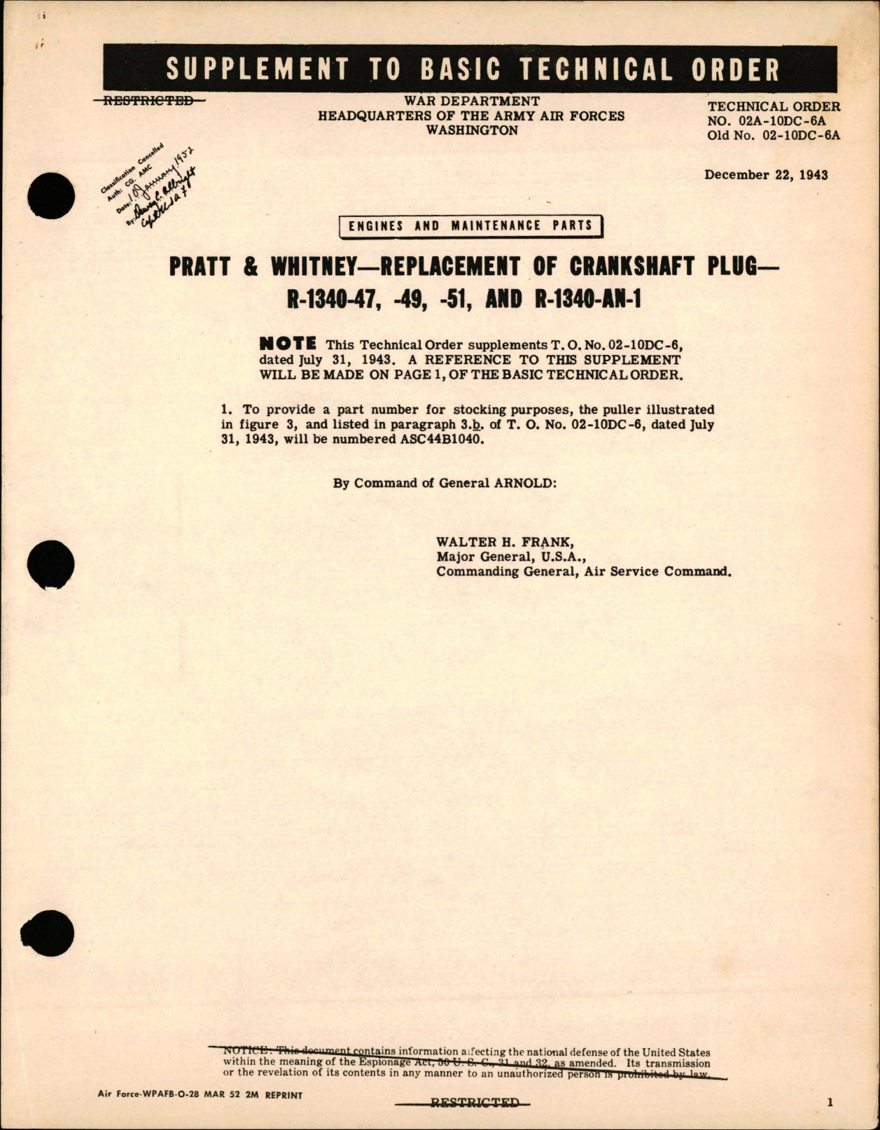 Sample page 1 from AirCorps Library document: Supplement to Replacement of Crankshaft Plug for R-1340-47, R-1340-49, R-1340-51 and R-1340-AN-1