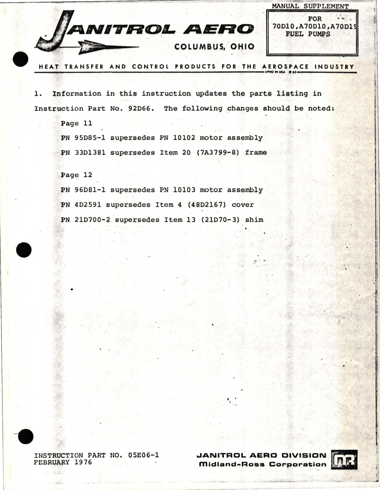 Sample page 1 from AirCorps Library document: Supplement to Maintenance Instructions for Fuel Pumps - Parts 70D10, A70D10, A70D19